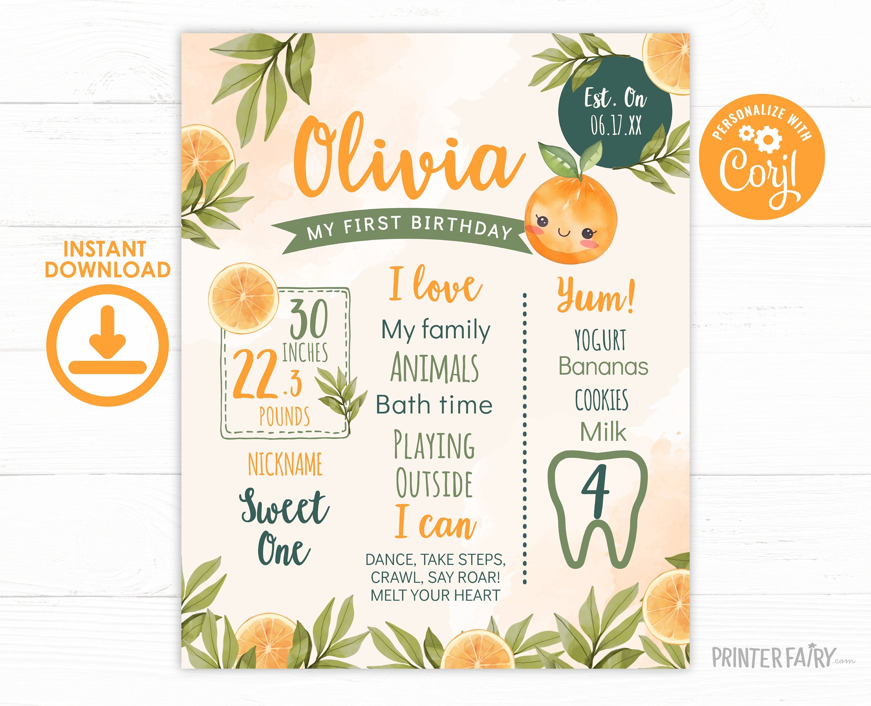 Sweet Orange First Birthday Stats Board, Editable Milestones Sign (Digital Download)