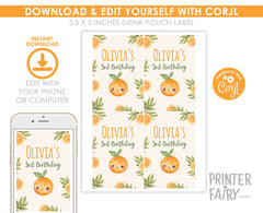 Sweet Orange Drink Pouch Label, Birthday Party Template (Instant Download)