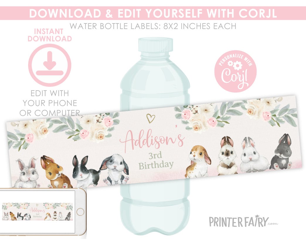 Bunny Water Bottle Label Editable Template to Aadd Your Own Text, INSTANT DOWNLOAD