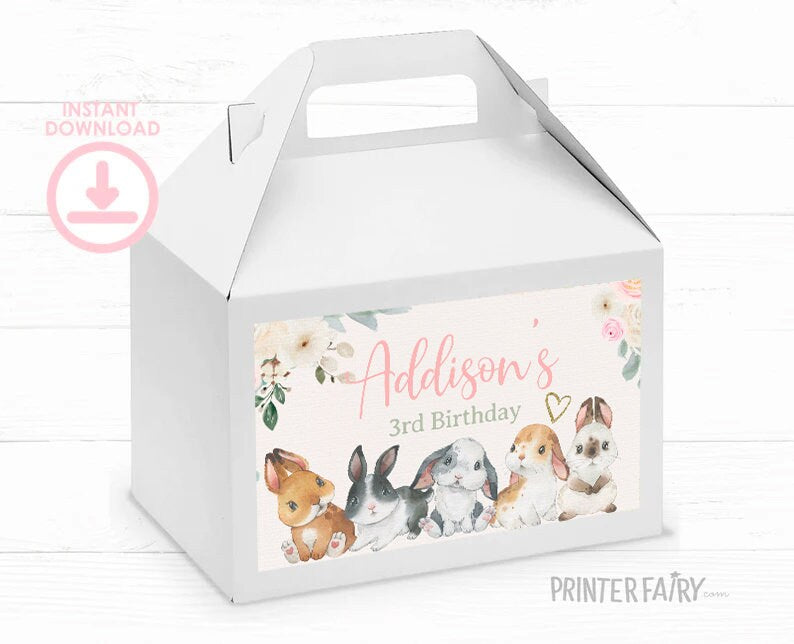 Bunny Party Gable Favor Box Labels, EDITABLE Template, INSTANT DOWNLOAD