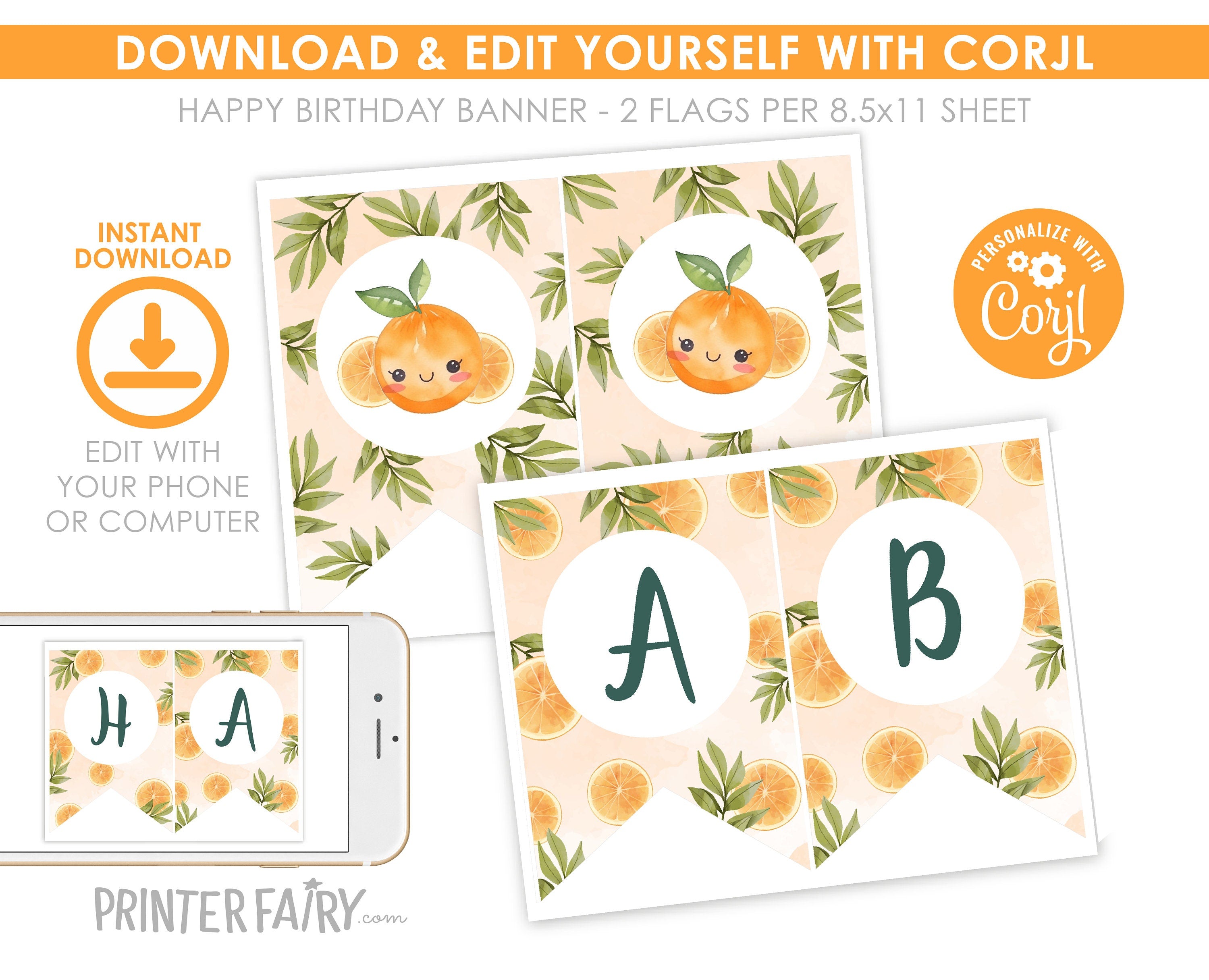 Sweet Orange Birthday Banner, Summer Party Decorations (Editable Download)