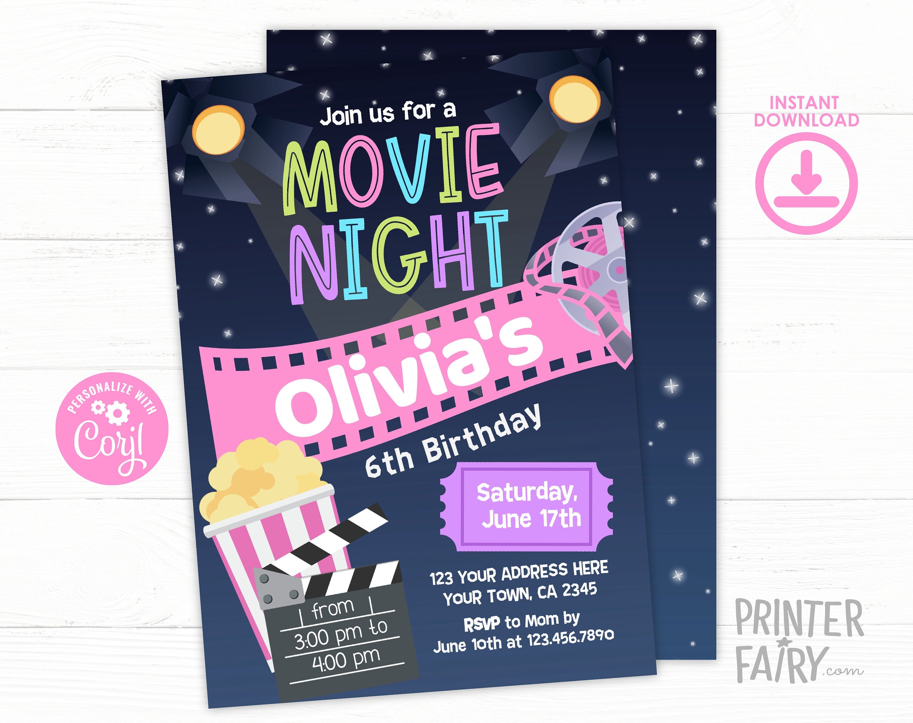 Editable Movie Night Birthday Invitation Template (Digital)