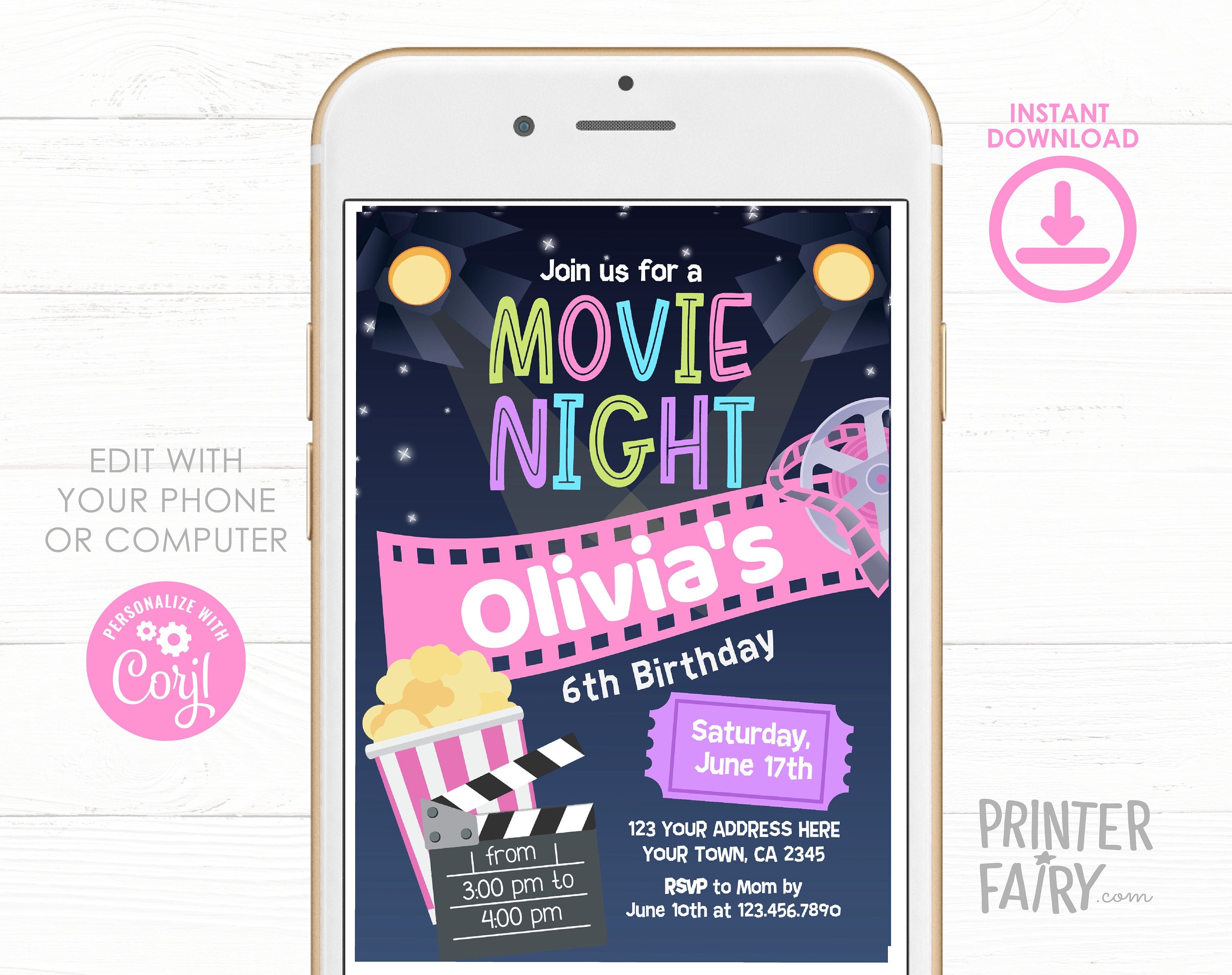 Editable Movie Night Birthday Invitation Template (Digital)