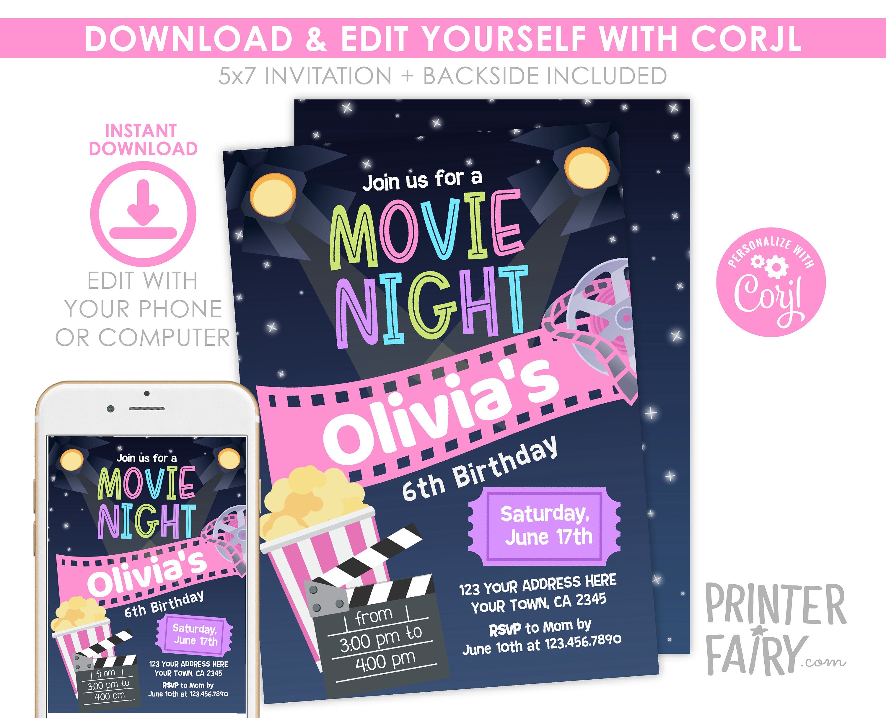Editable Movie Night Birthday Invitation Template (Digital)