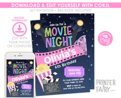 Editable Movie Night Birthday Invitation Template (Digital)