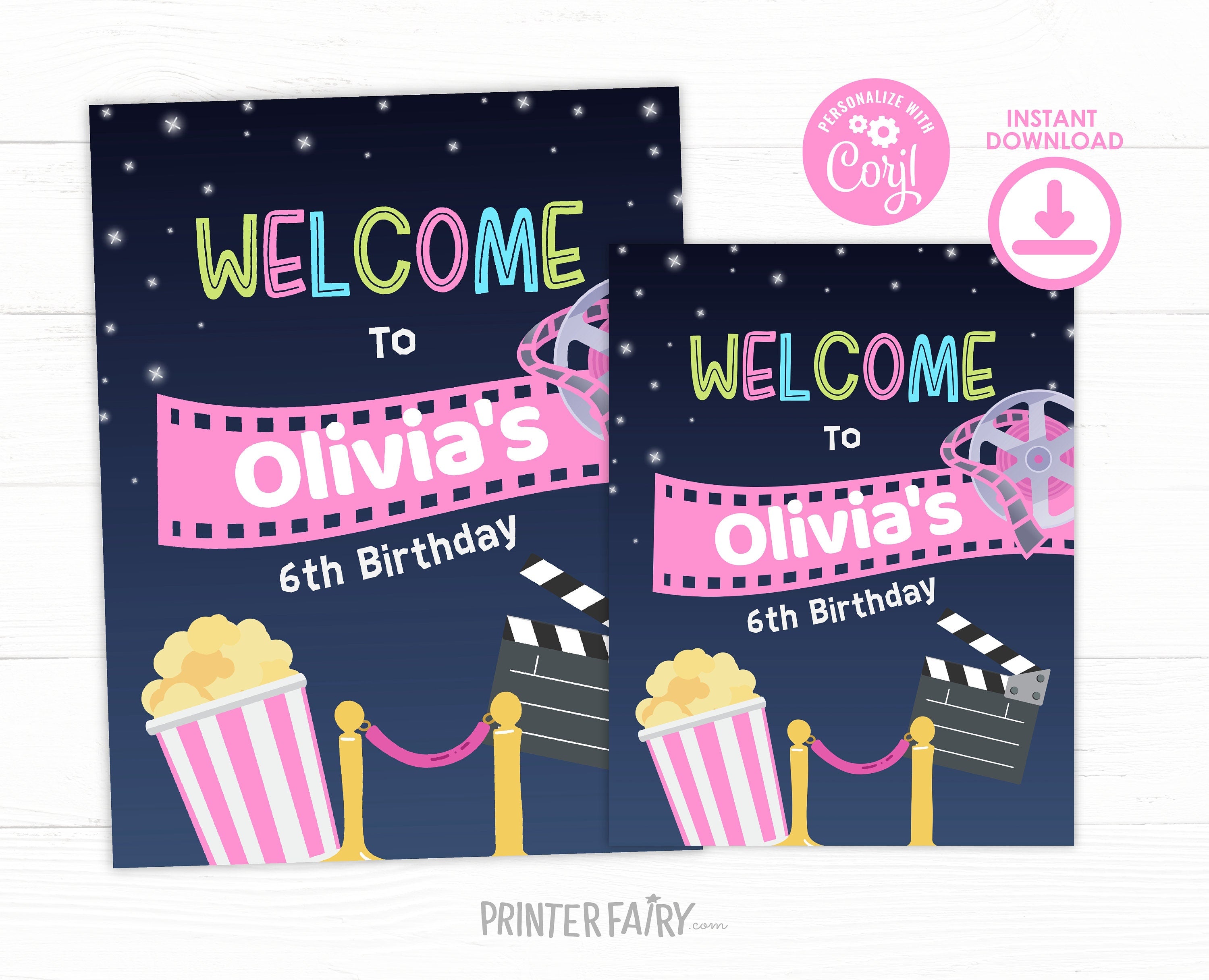 Editable Movie Night Birthday Welcome Sign Template (Instant Download)