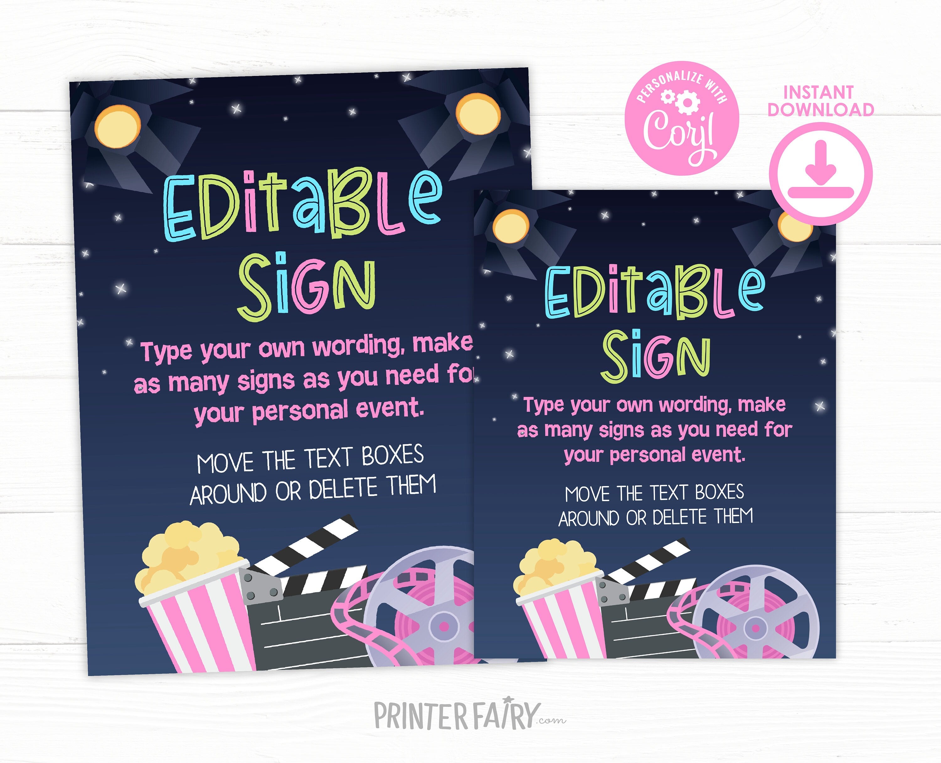 Movie Night Party Sign Template, Editable Printable (Instant Download)