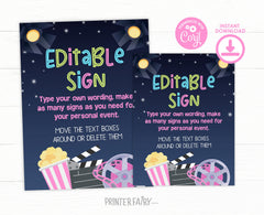 Movie Night Party Sign Template, Editable Printable (Instant Download)