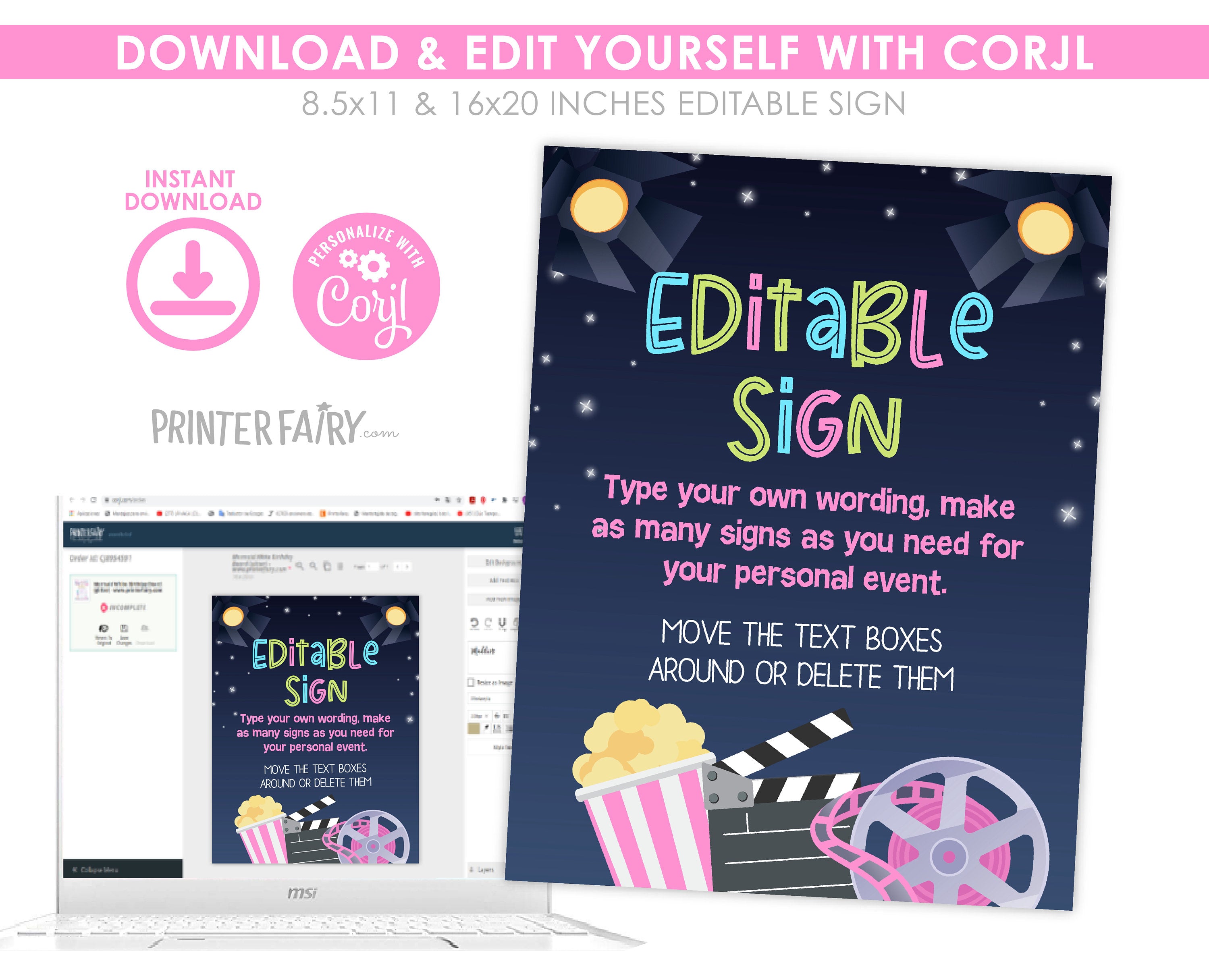 Movie Night Party Sign Template, Editable Printable (Instant Download)