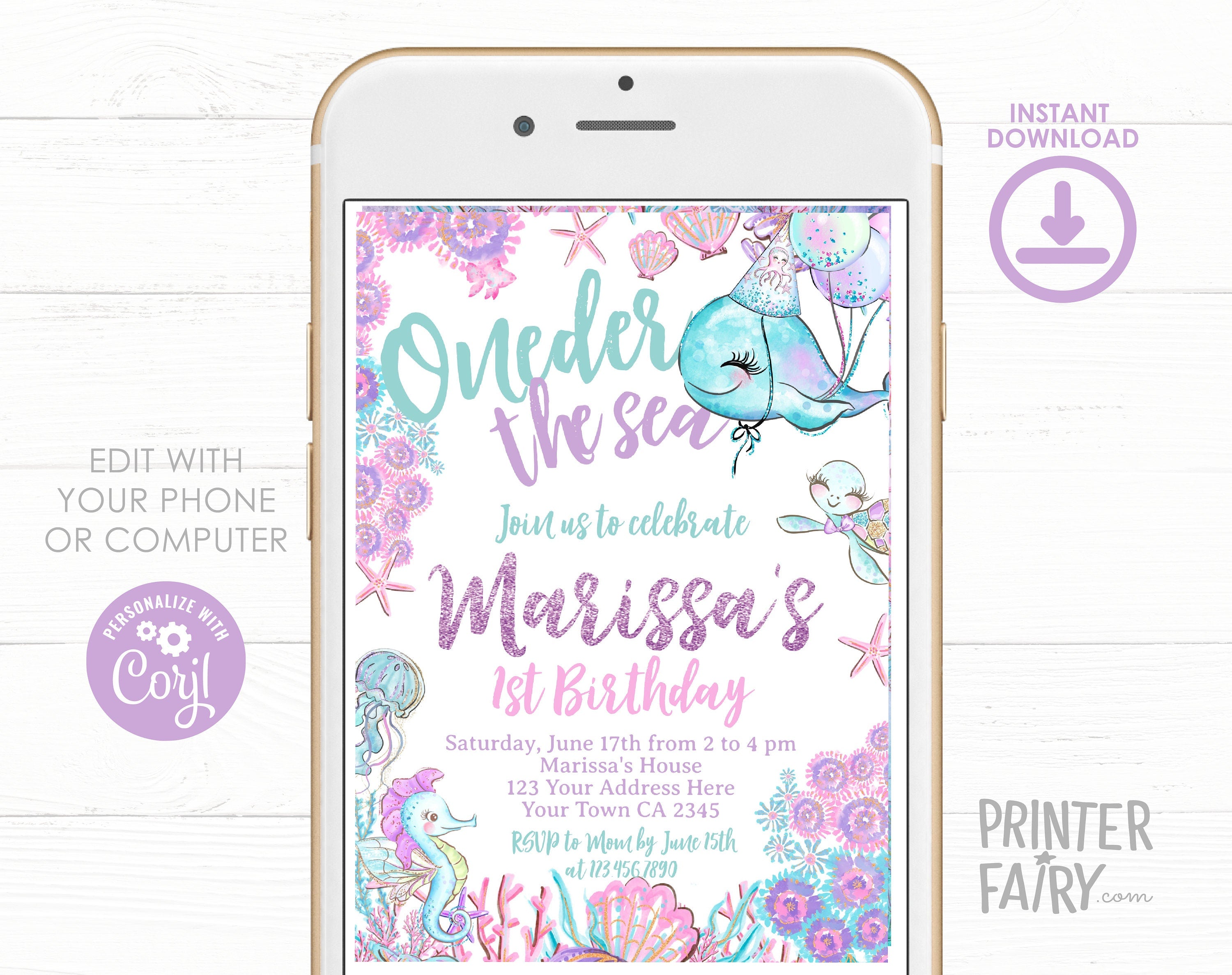 Under The Sea Birthday Invitation, Ocean Party Theme (Editable, Instant Download)