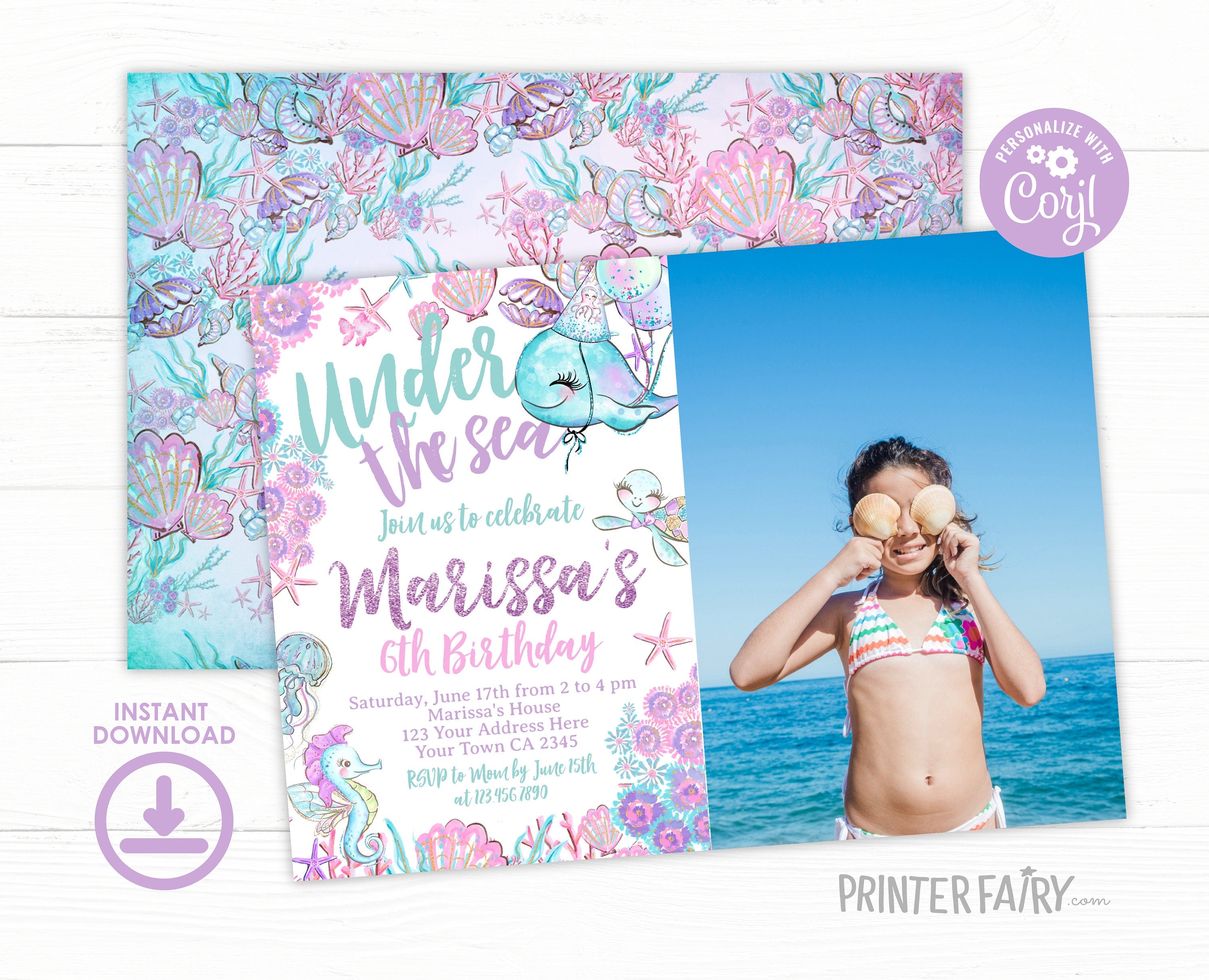 Under the Sea Birthday Invitation with Photo, Ocean Theme (Editable, Instant Download)