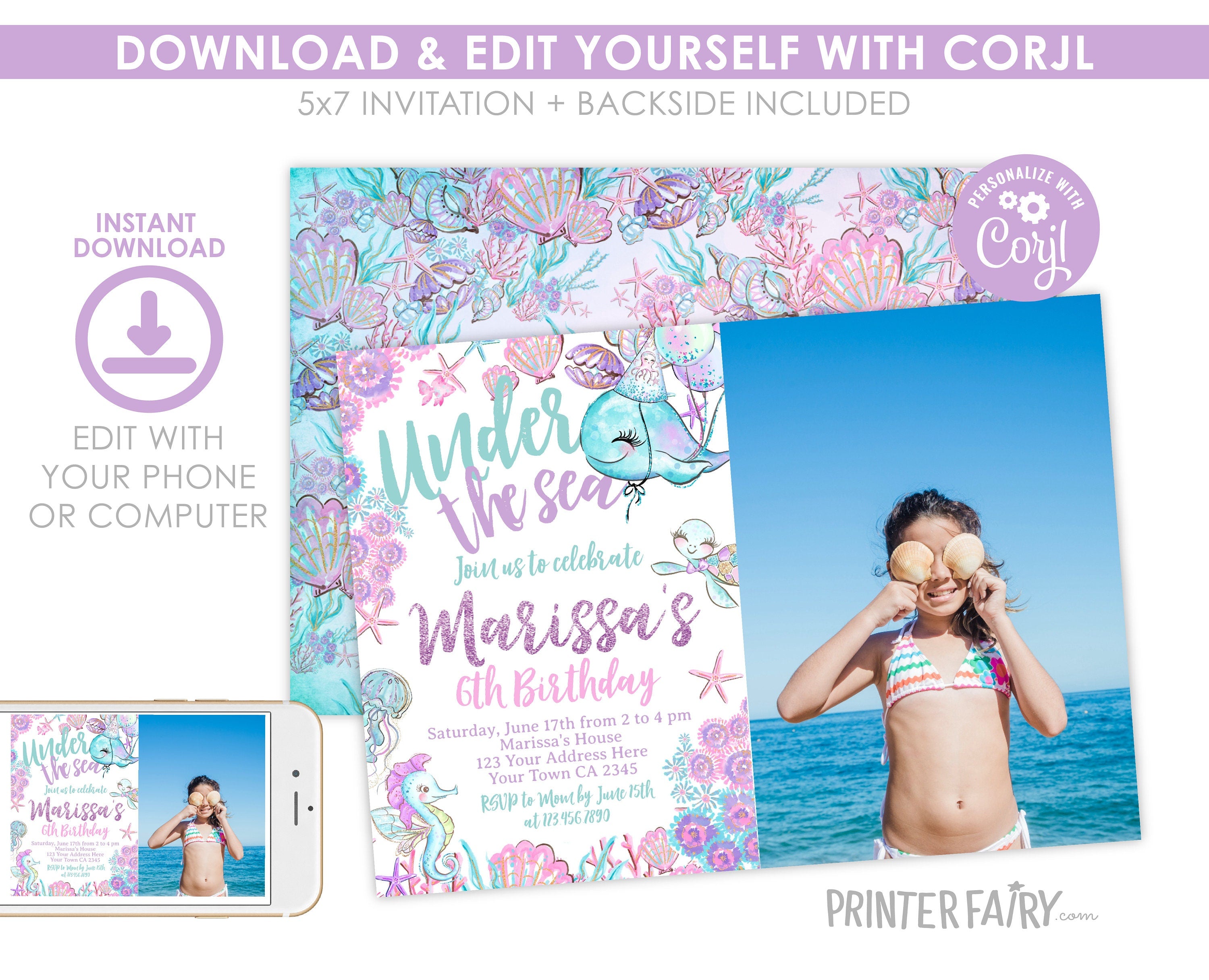 Under the Sea Birthday Invitation with Photo, Ocean Theme (Editable, Instant Download)