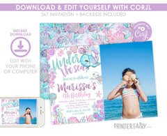 Under the Sea Birthday Invitation with Photo, Ocean Theme (Editable, Instant Download)