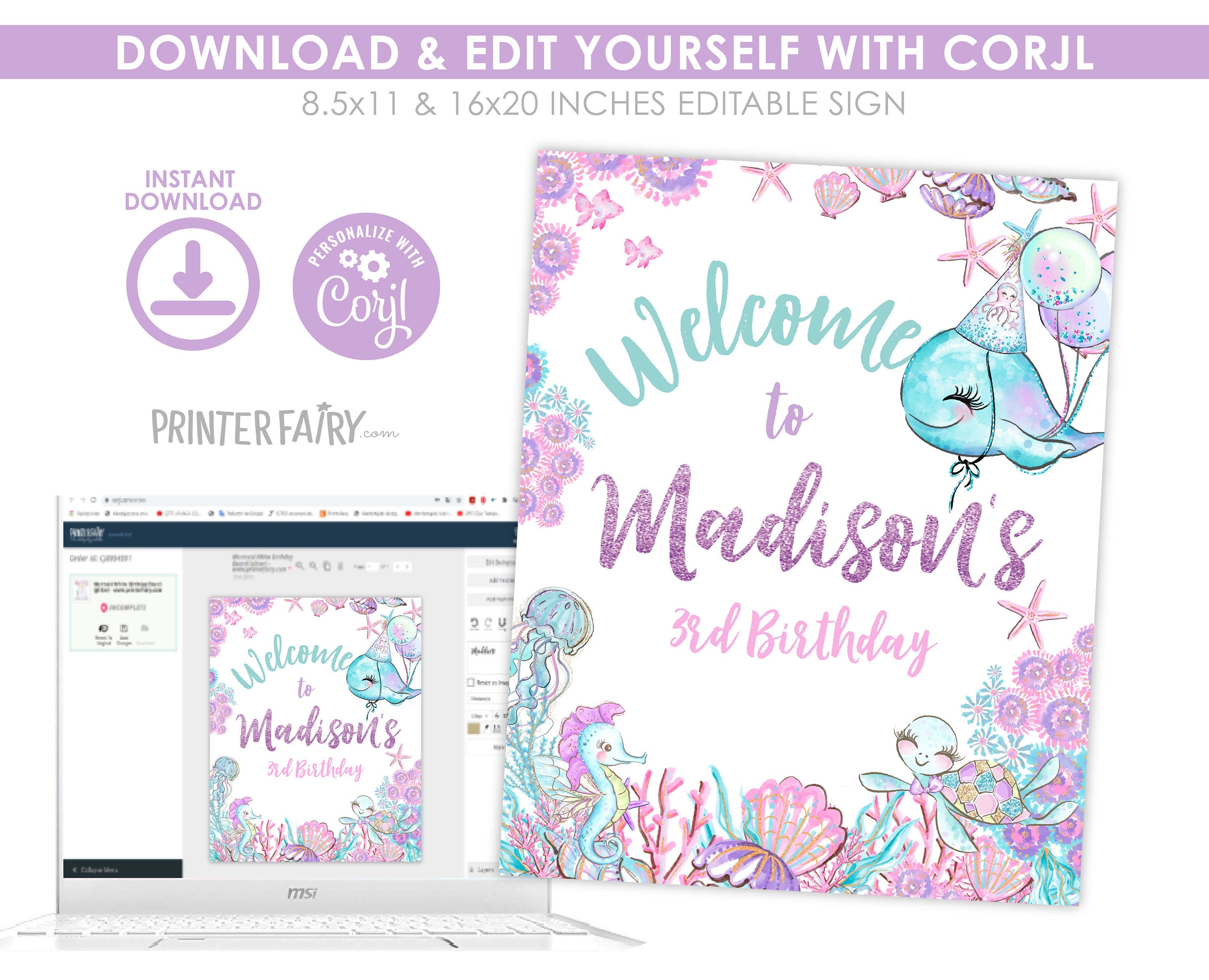 Under The Sea Birthday Welcome Sign, Editable Party Decoration (Digital Download)