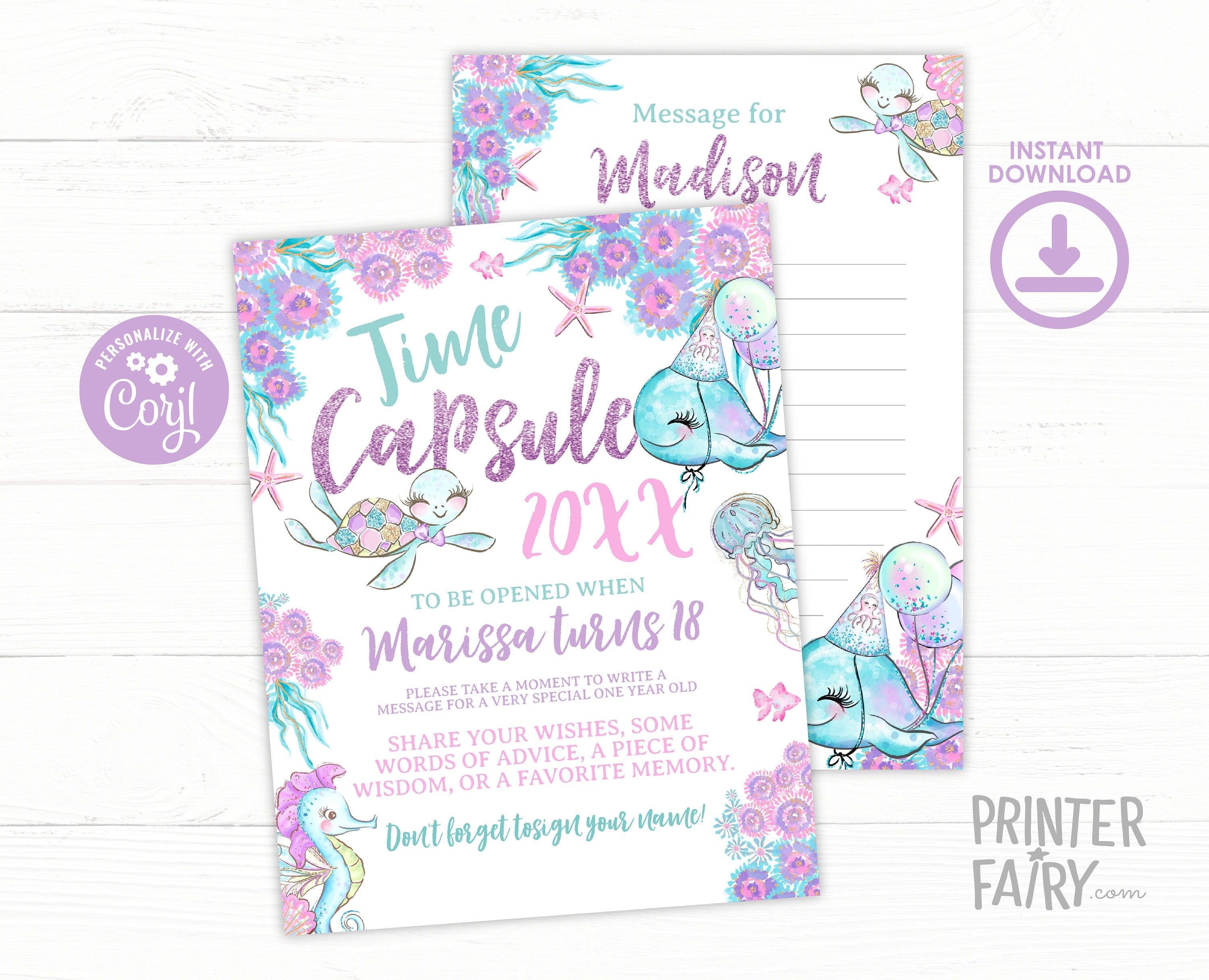 Under The Sea Birthday Time Capsule, Editable Template Sign & Card (Instant Download)