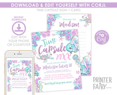 Under The Sea Birthday Time Capsule, Editable Template Sign & Card (Instant Download)