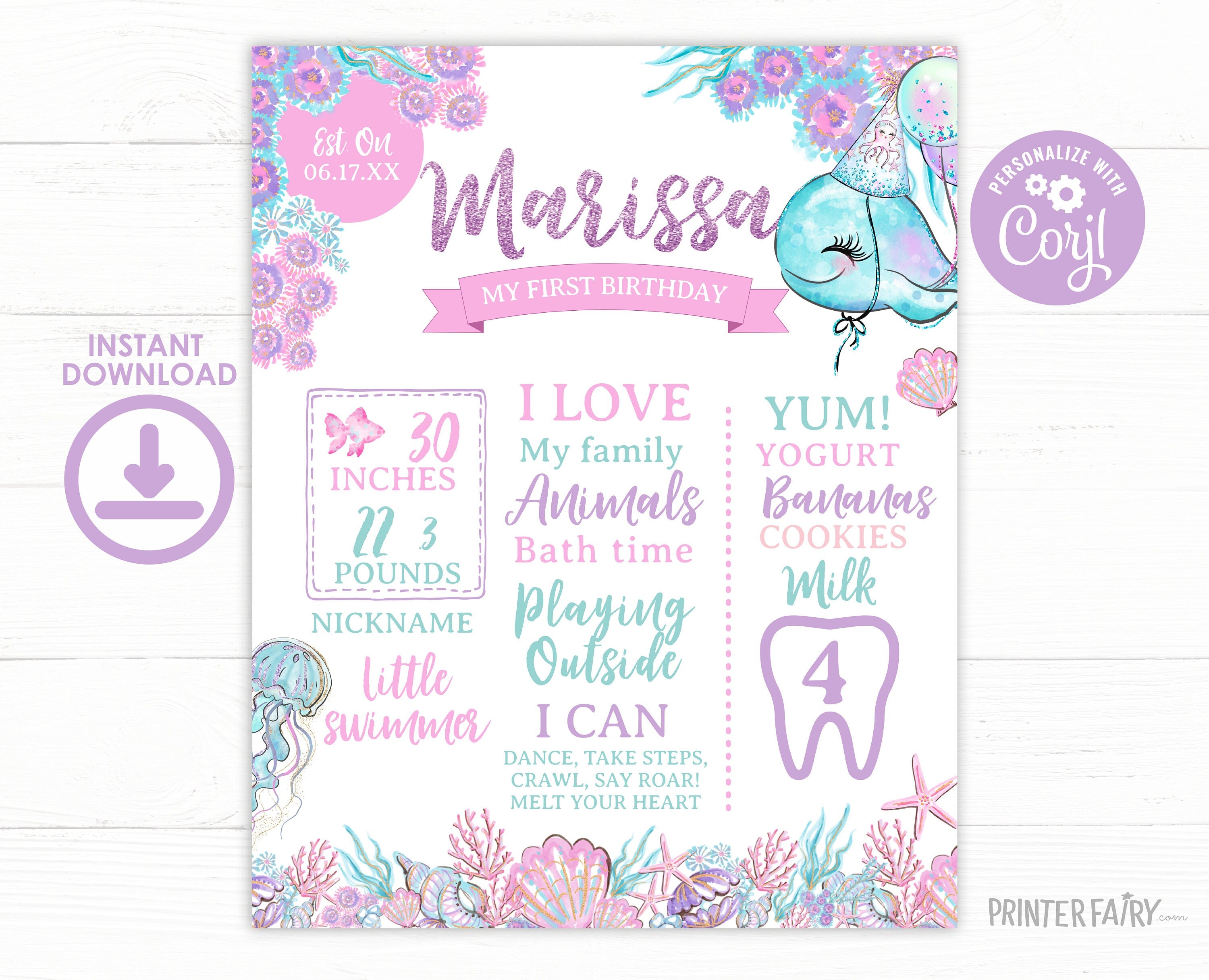 Under The Sea First Birthday Board, Editable Sign (Digital Download)