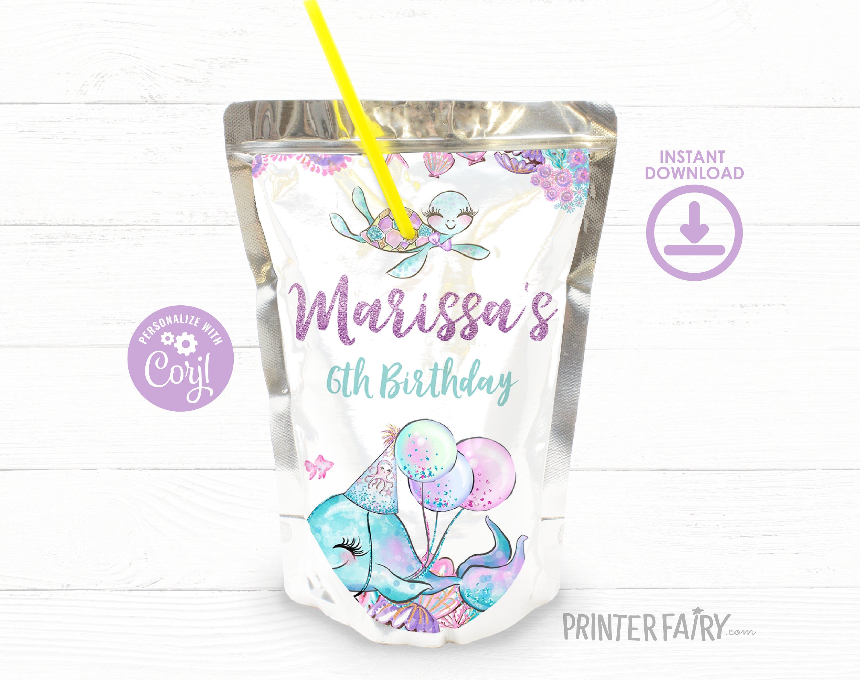 Under The Sea Birthday Party Drink Pouch Label, Editable (Digital Download)