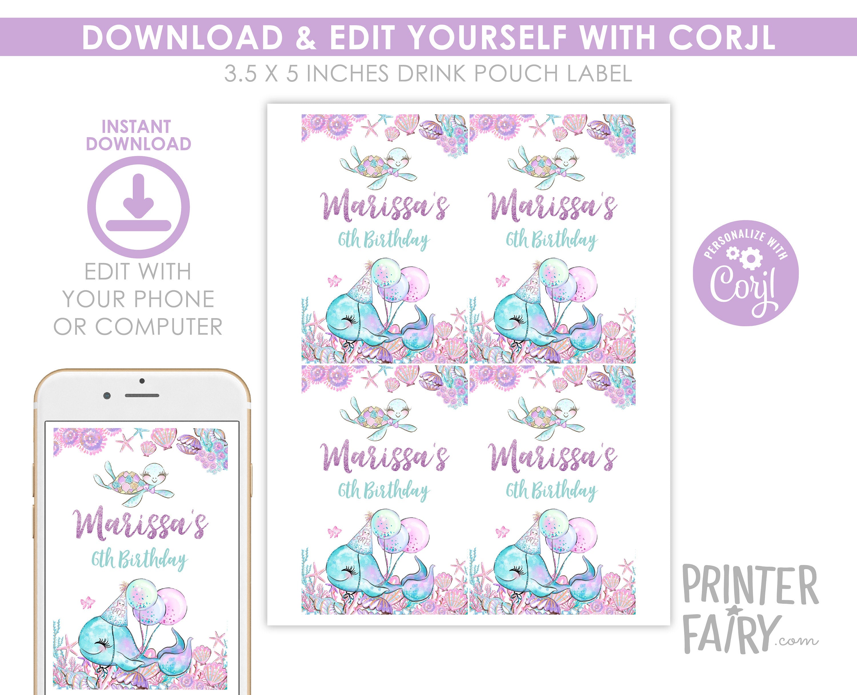 Under The Sea Birthday Party Drink Pouch Label, Editable (Digital Download)