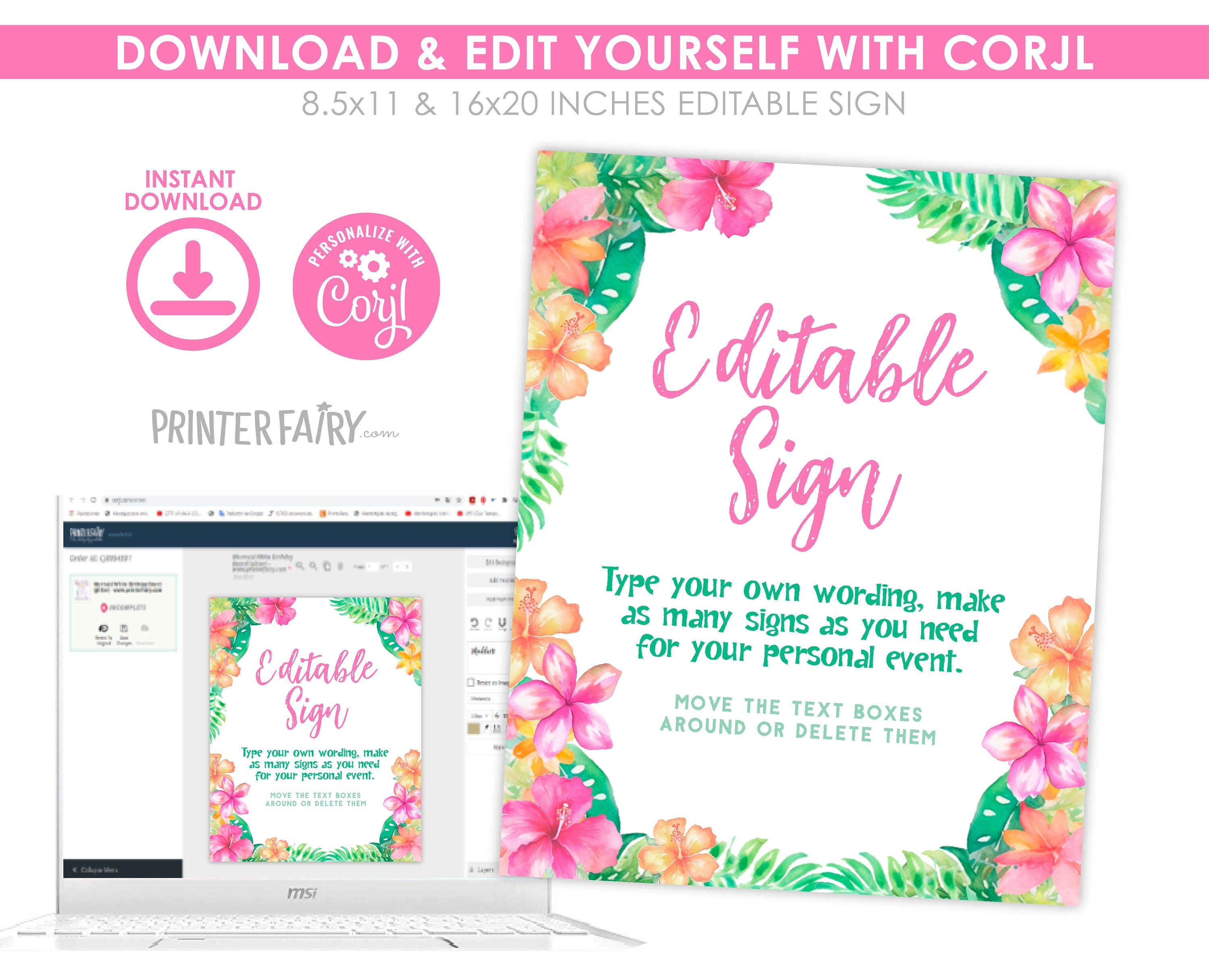 Luau Summer Party Editable Sign Template, Customize for Any Event, INSTANT DOWNLOAD