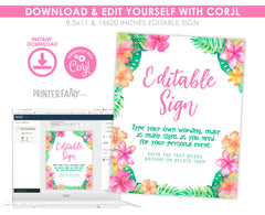 Luau Summer Party Editable Sign Template, Customize for Any Event, INSTANT DOWNLOAD