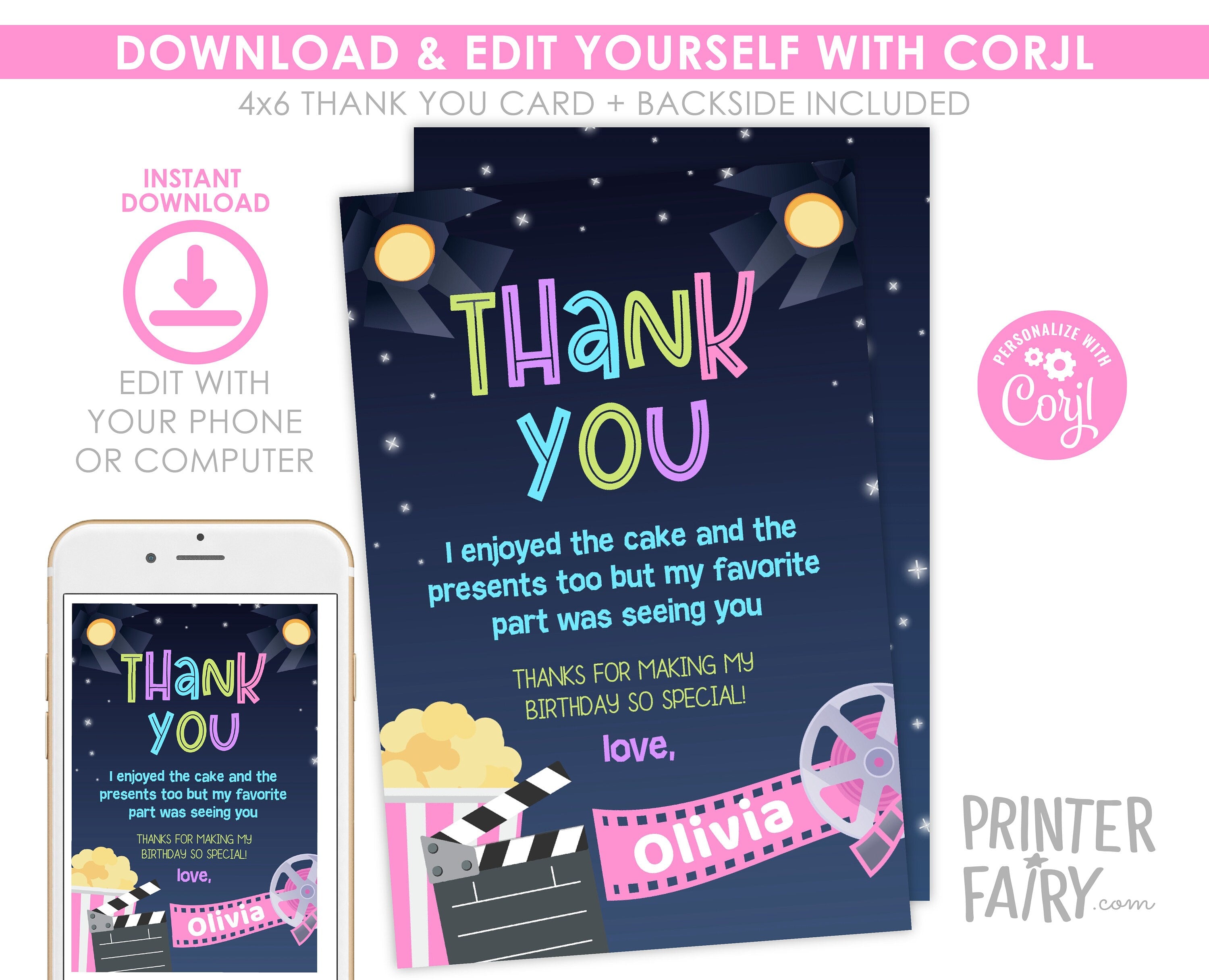 Movie Birthday Thank You Card, Editable Printable (Digital Item)