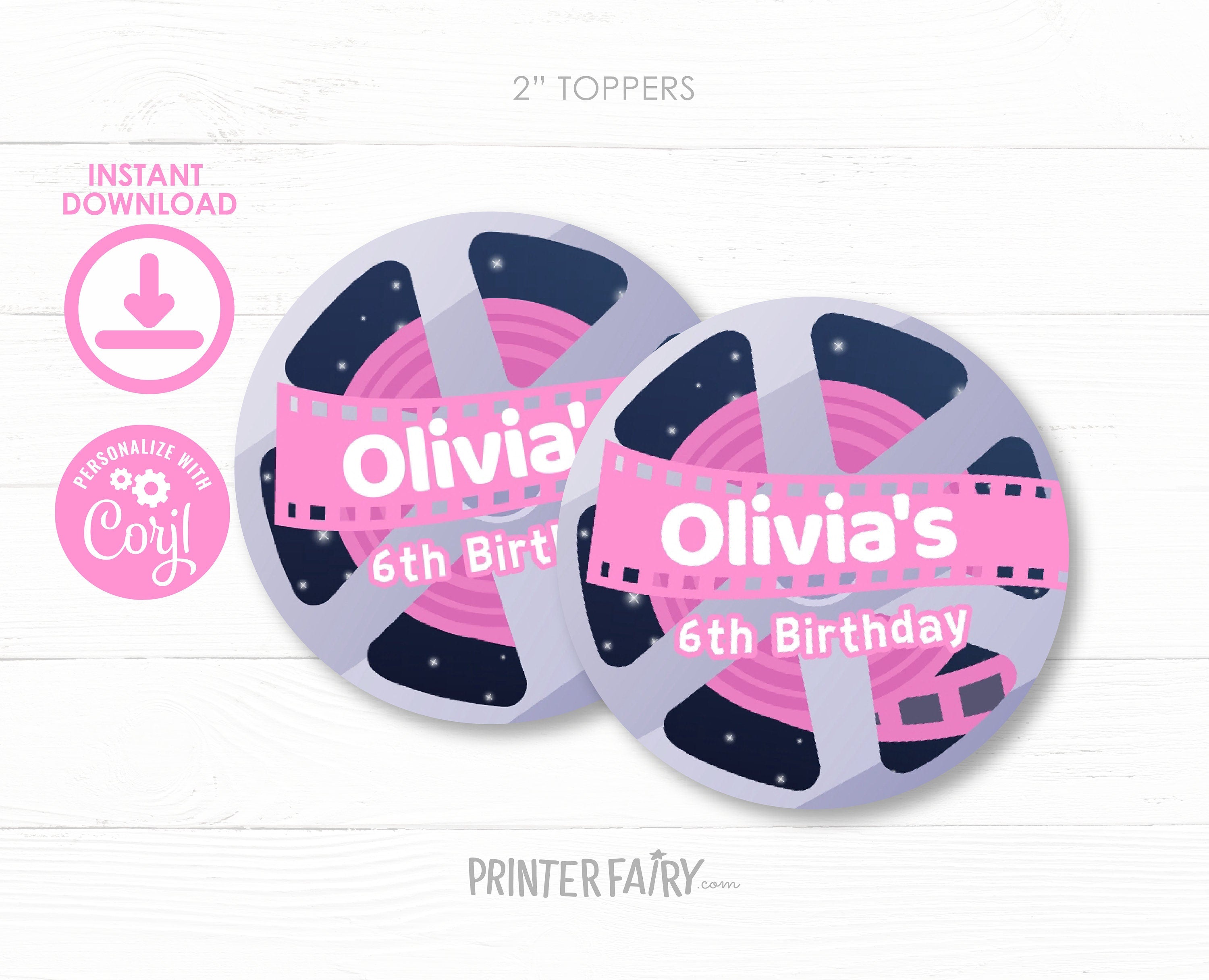 Movie Night Party Toppers, Editable Round Label (Instant Download)