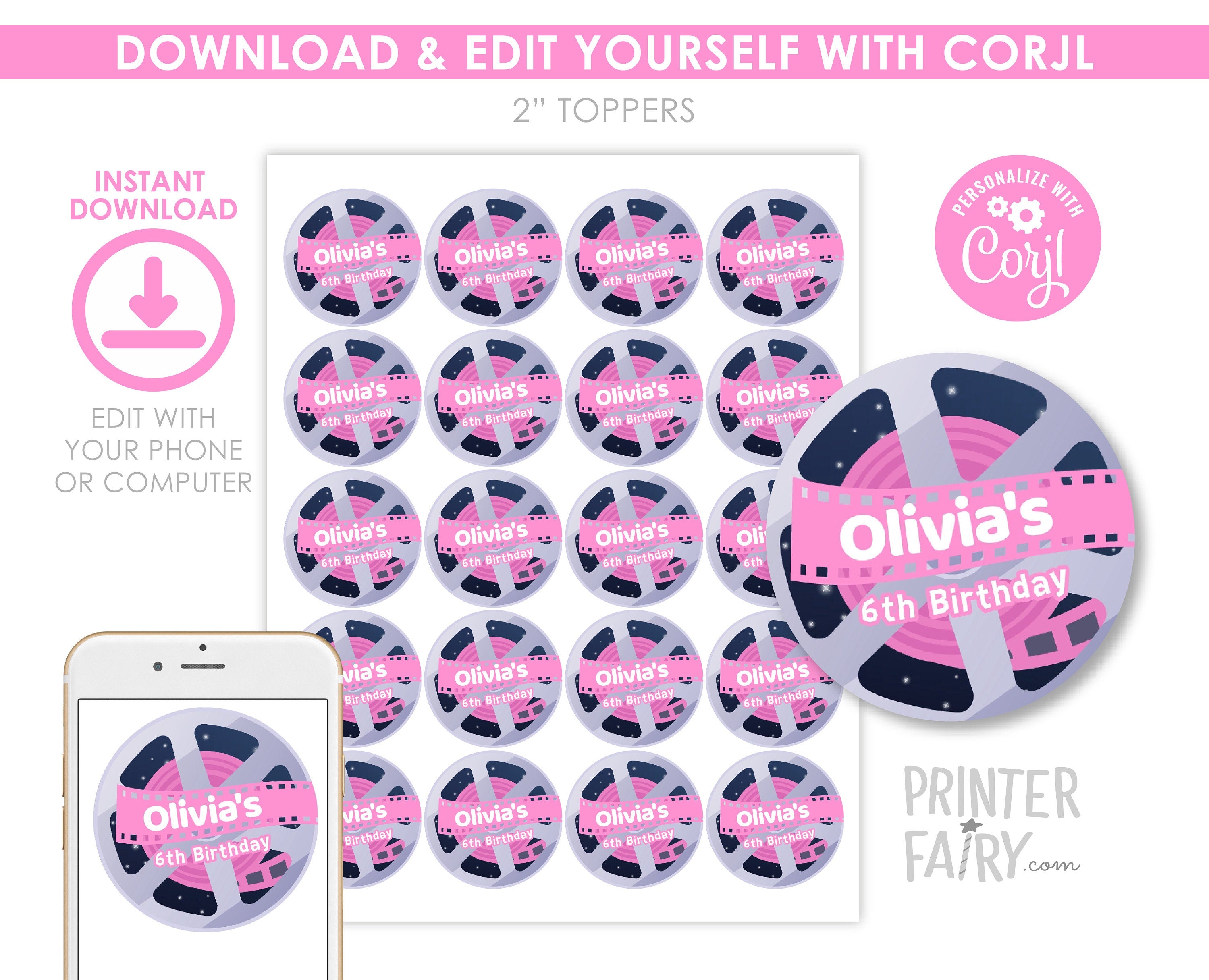 Movie Night Party Toppers, Editable Round Label (Instant Download)