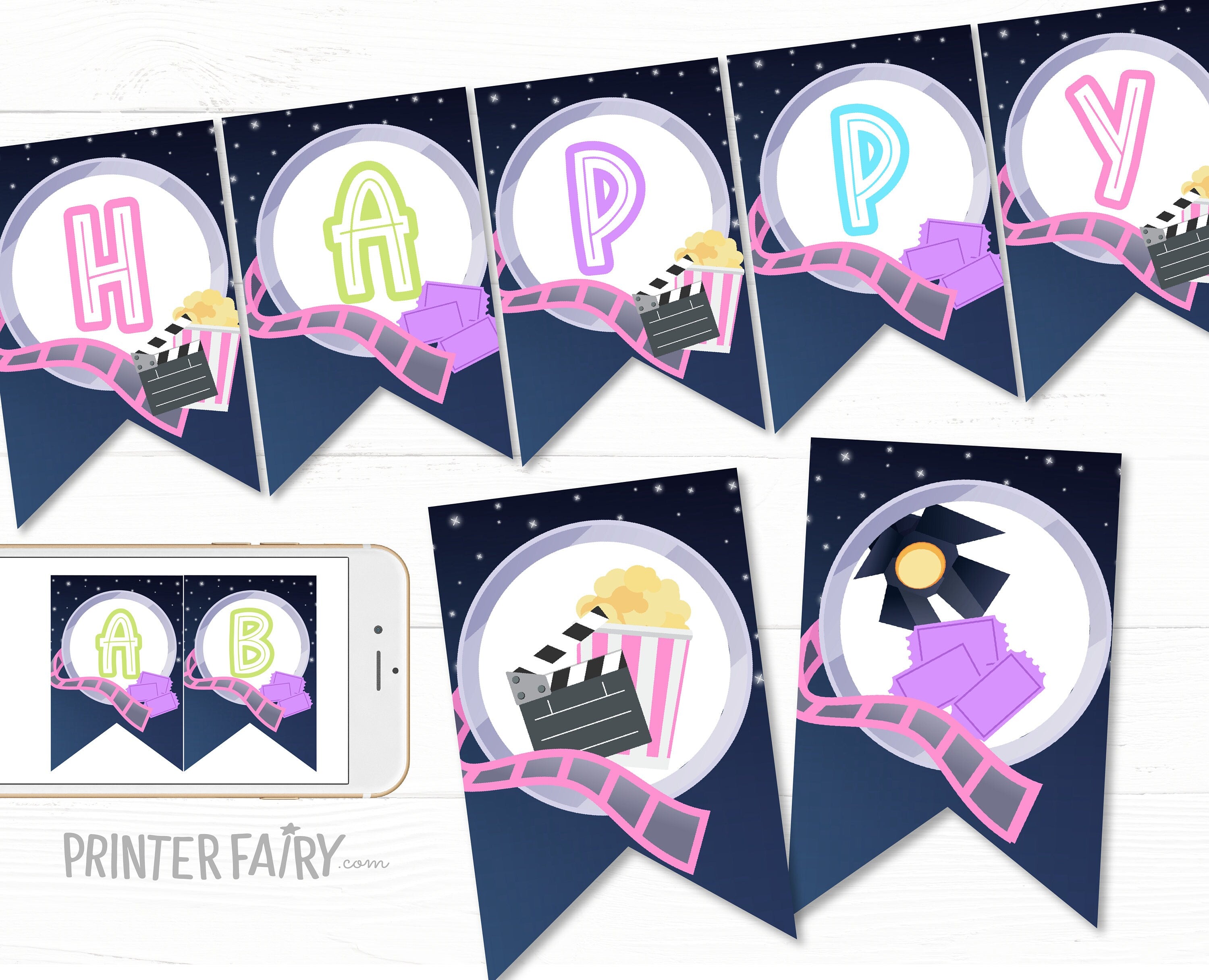 Editable Movie Night Birthday Banner (Printable Digital Download)