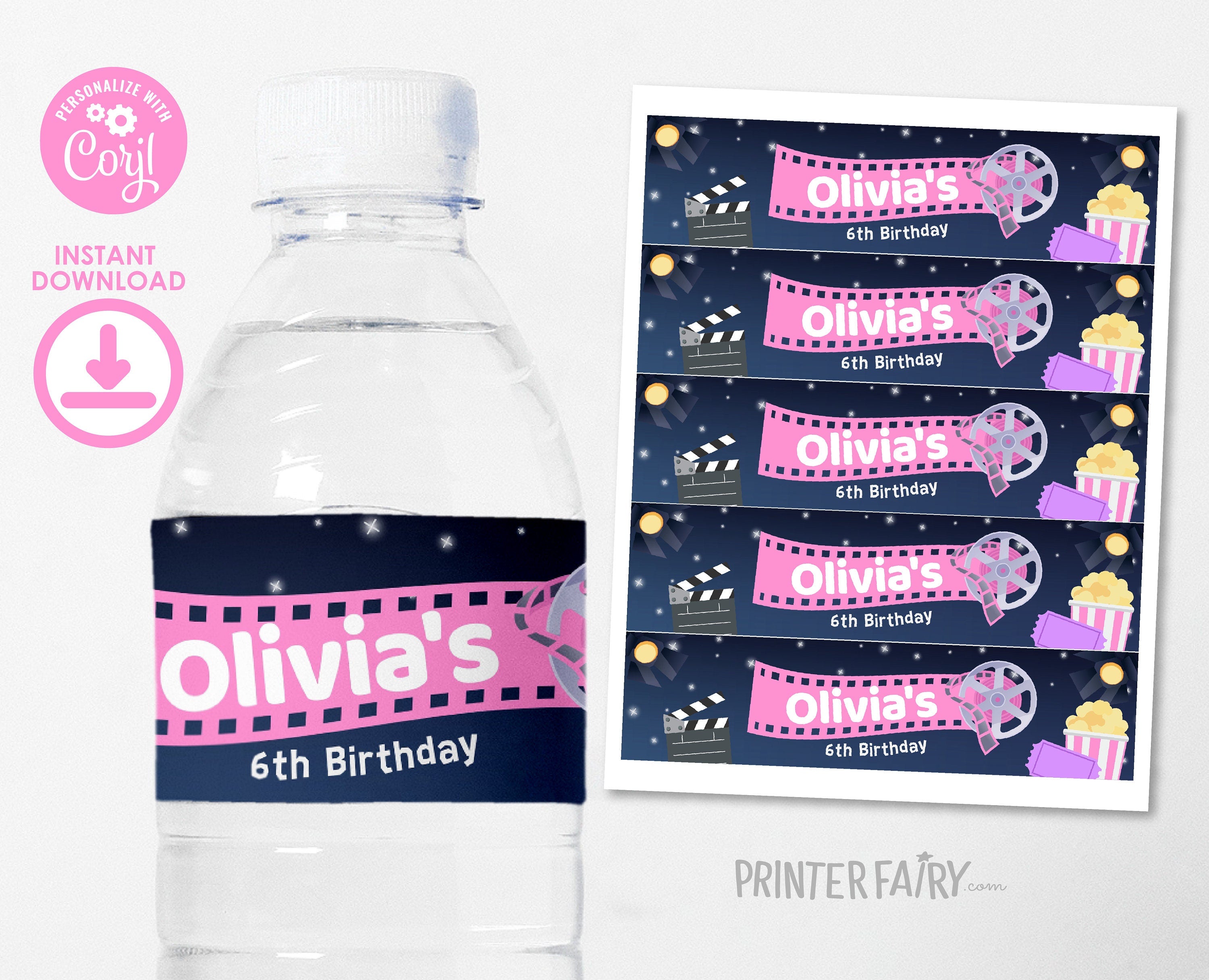 Editable Movie Birthday Water Bottle Label (Digital)