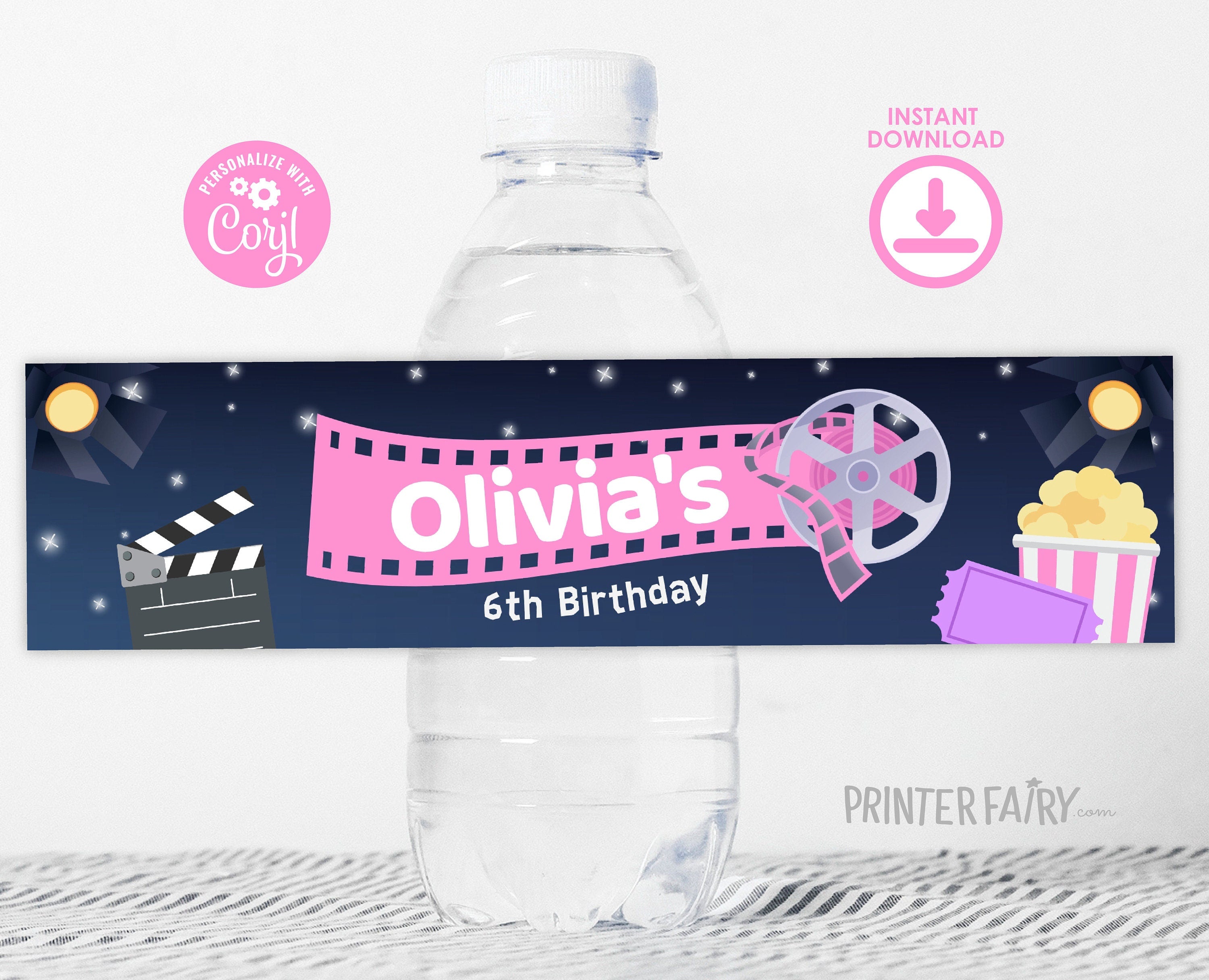 Editable Movie Birthday Water Bottle Label (Digital)