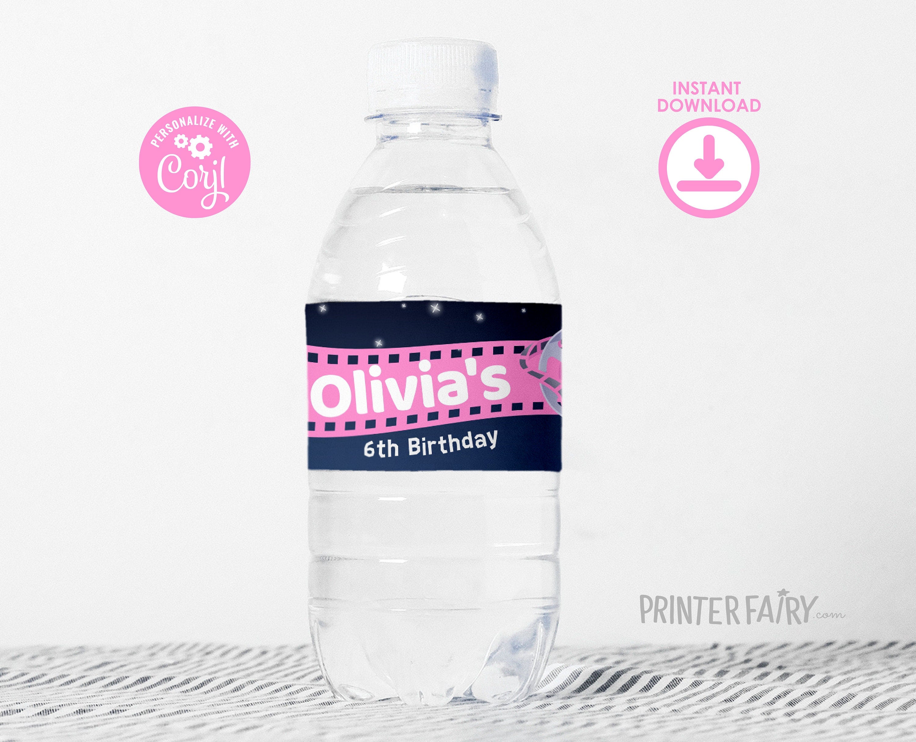 Editable Movie Birthday Water Bottle Label (Digital)