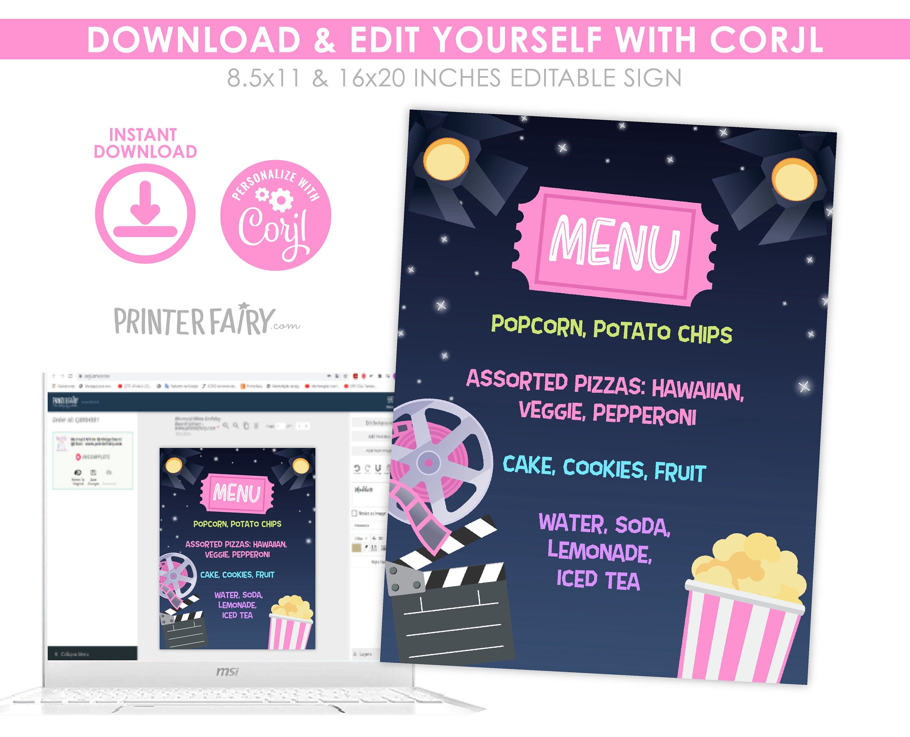 Movie Night Menu, Editable Printable Template (Instant Download)