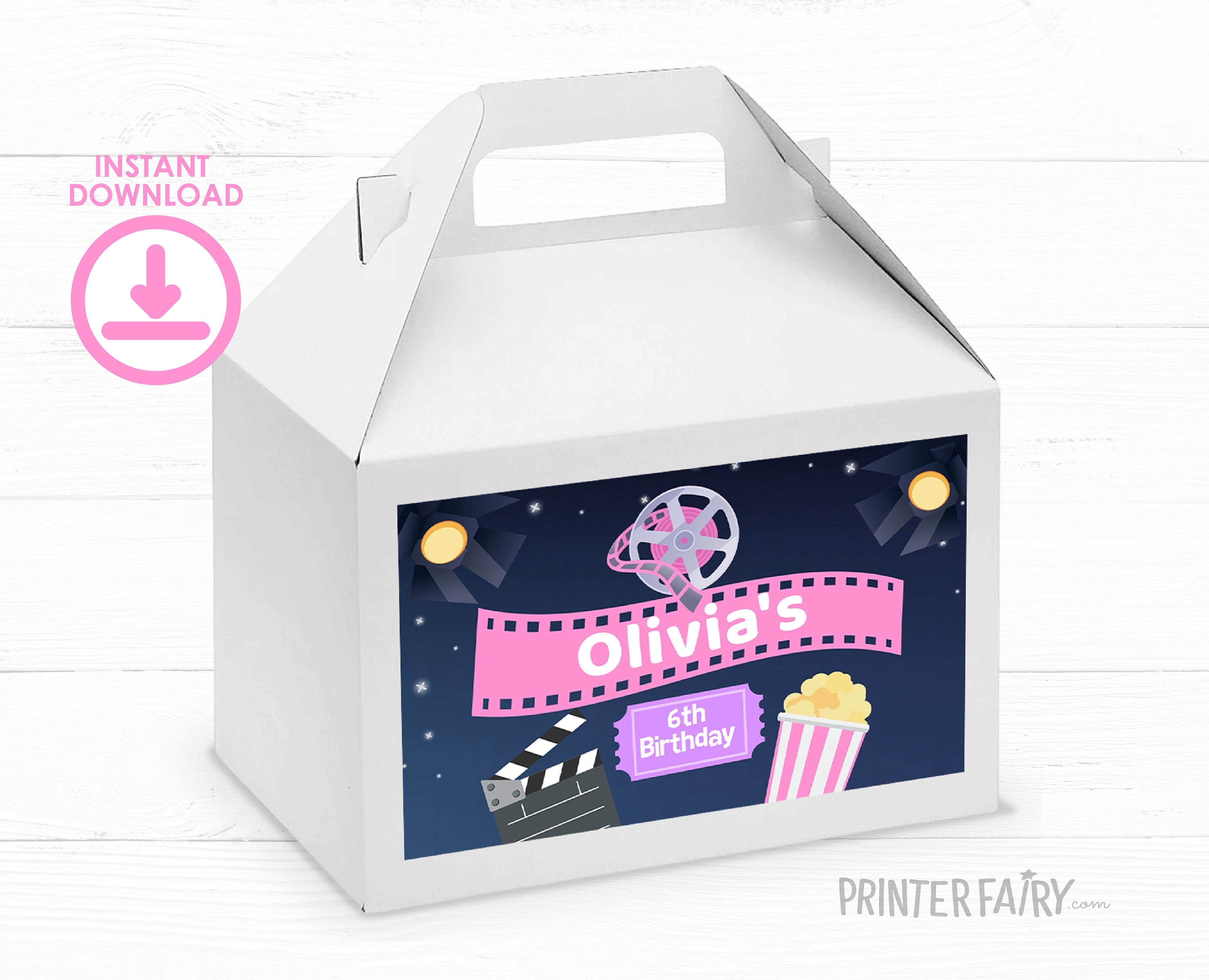 Movie Night Party Editable Printable Label Template for Party Favor Gable Box, Instant Download