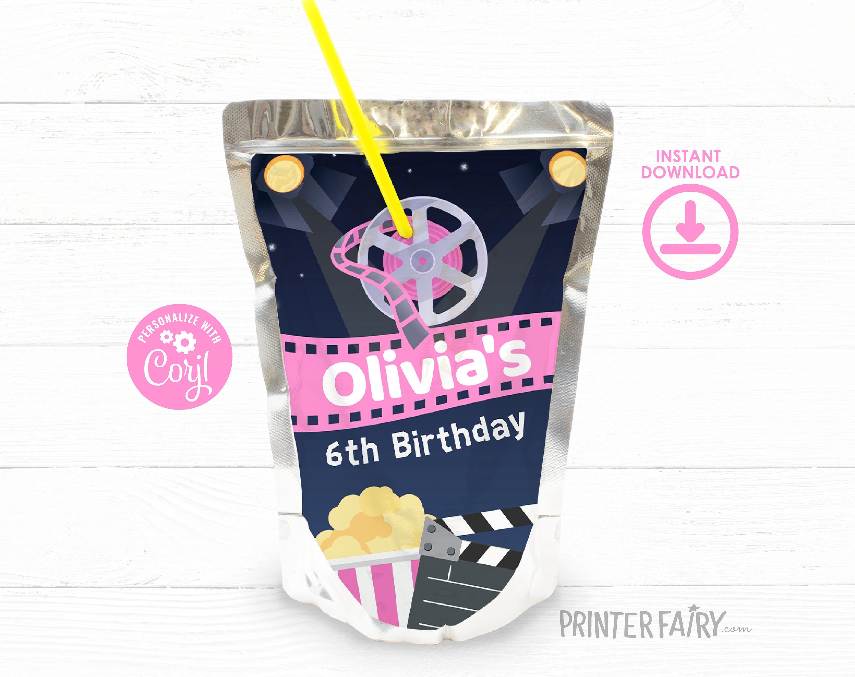 Editable Movie Birthday Party Drink Pouch Label (Digital)