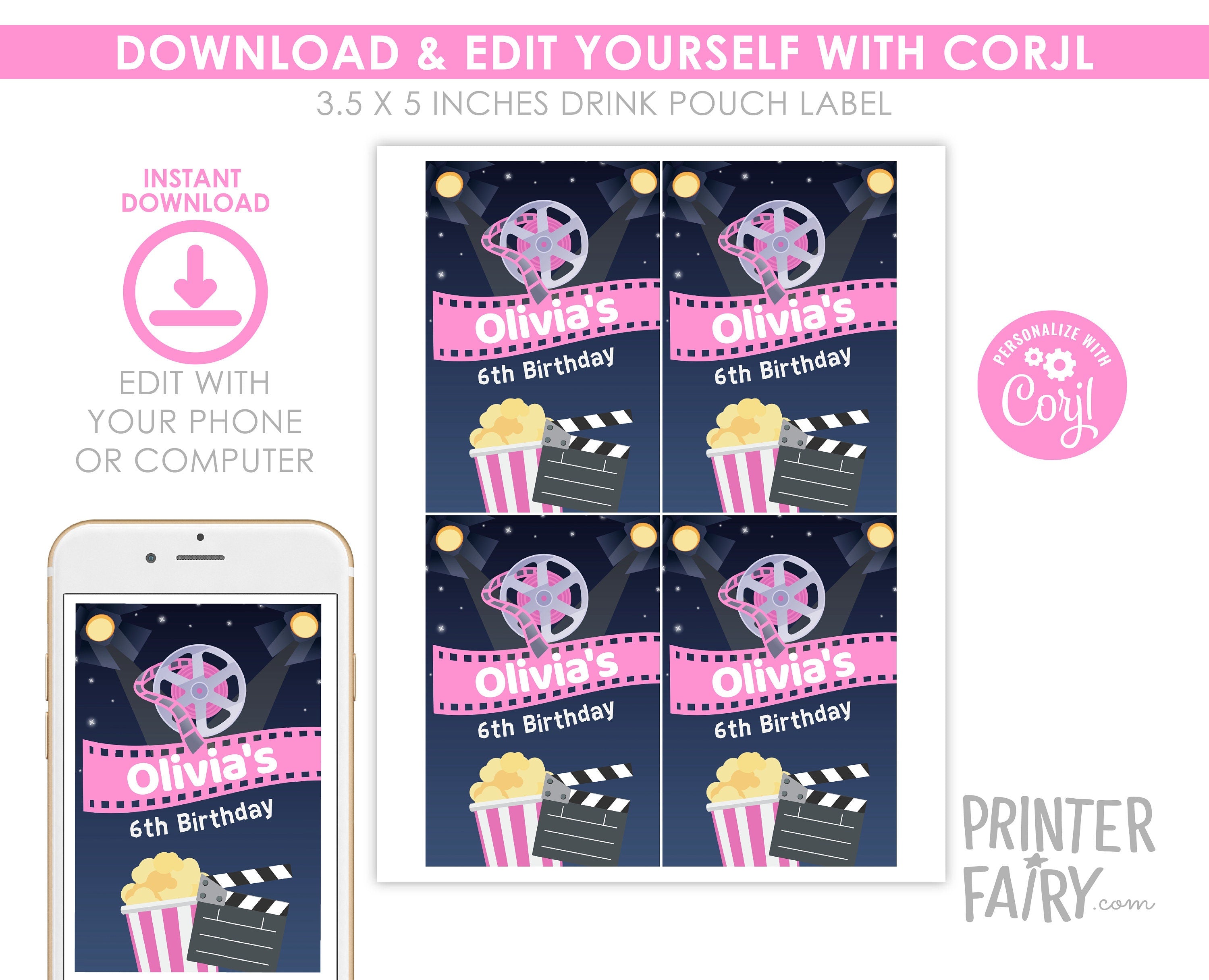 Editable Movie Birthday Party Drink Pouch Label (Digital)