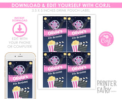 Editable Movie Birthday Party Drink Pouch Label (Digital)