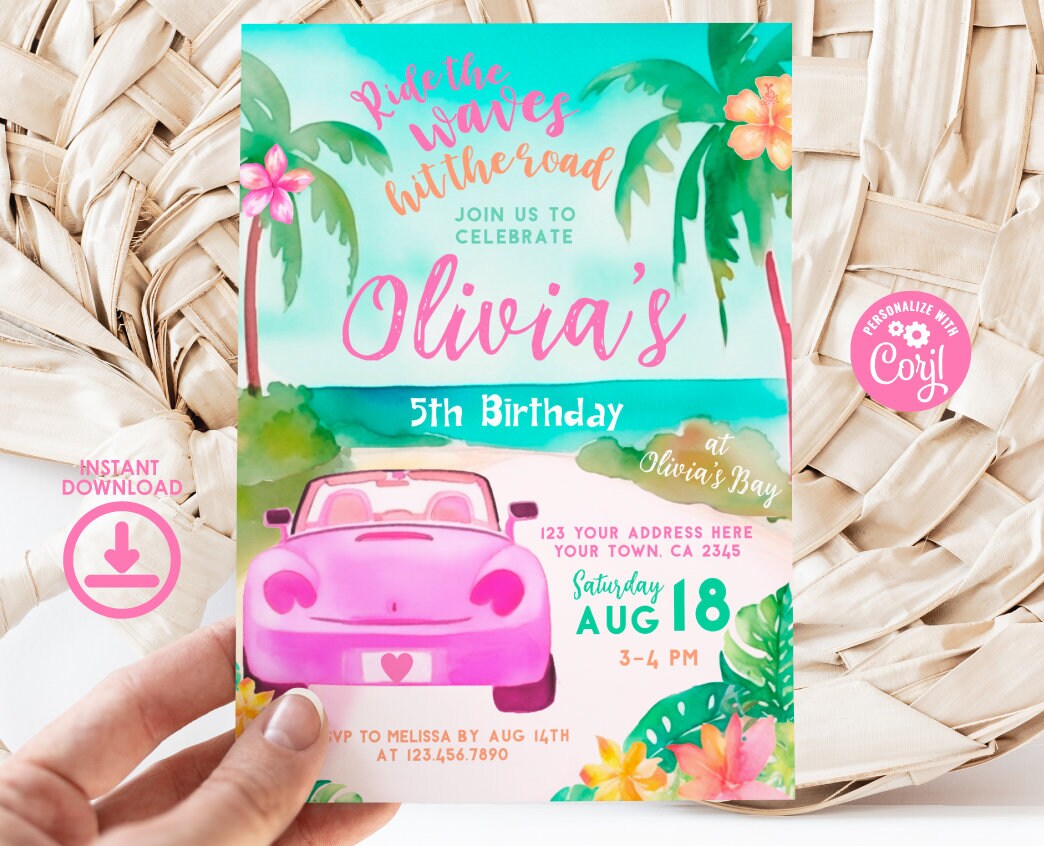 Beach Birthday Invitation, Tropical Surf Party, Editable Template (Digital Download)