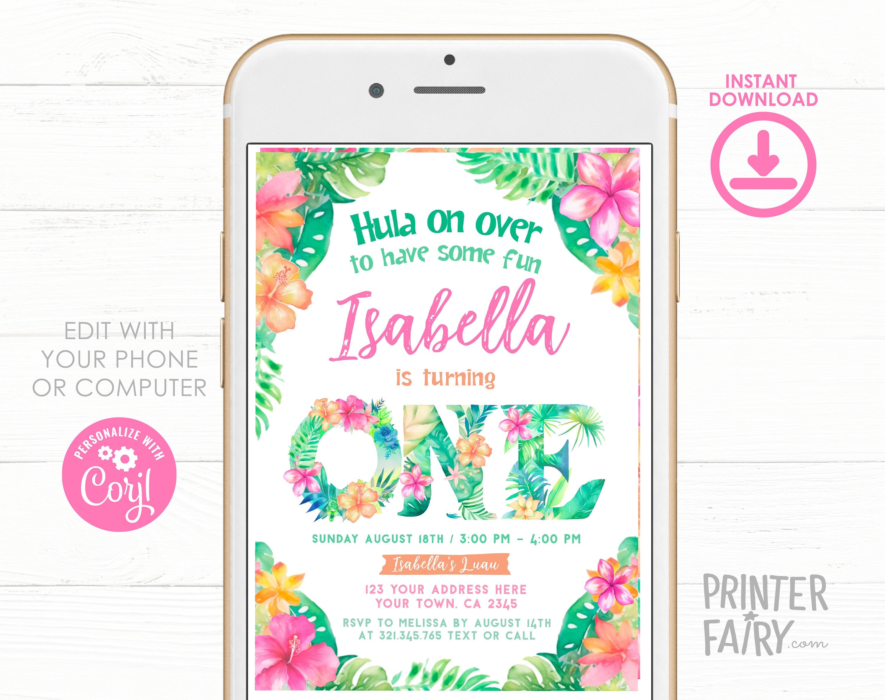Editable Luau First Birthday Invitation, Tropical Floral Invite (Digital)