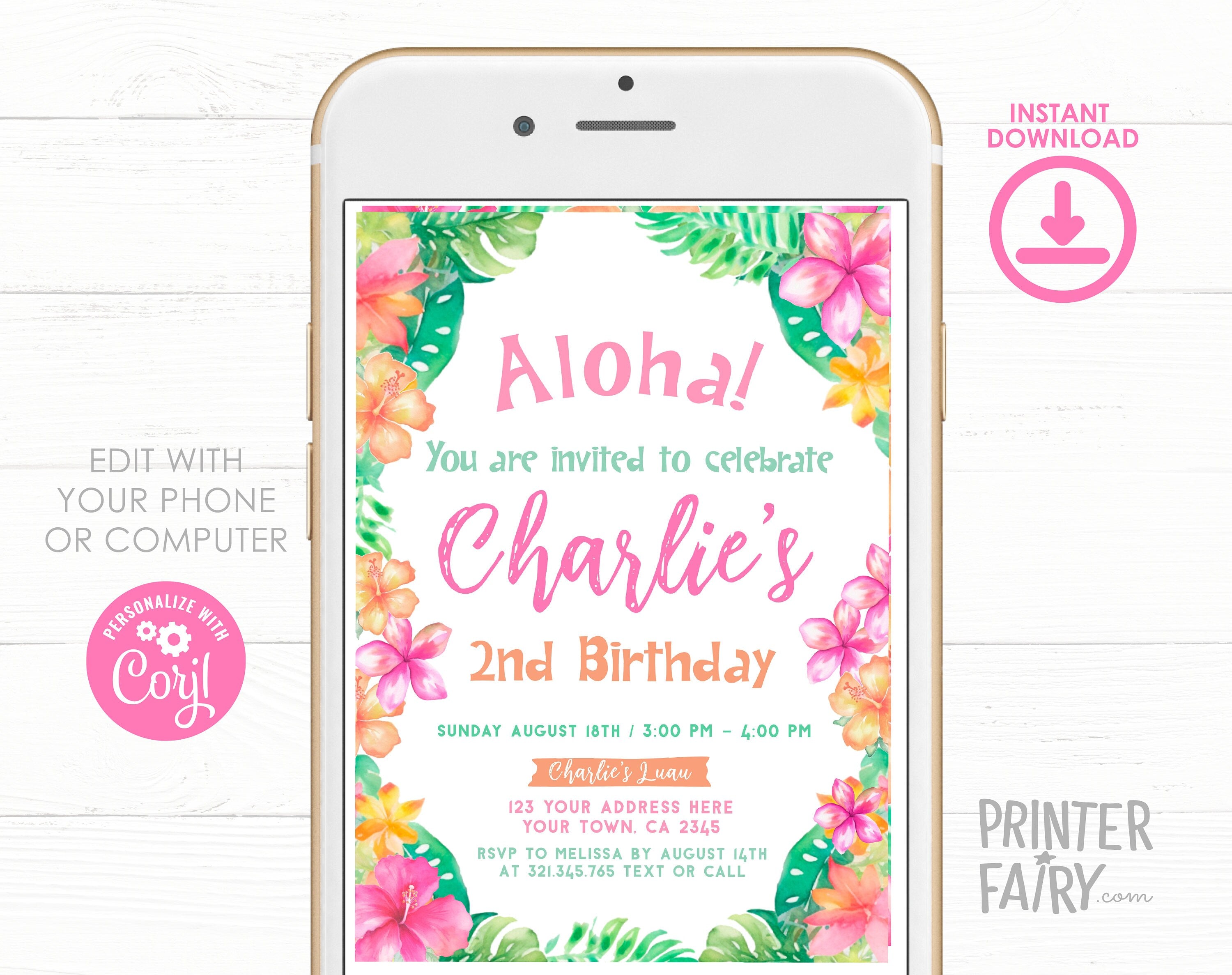 Luau Birthday Invitation Editable Template for Any Age, Hawaiian Party Tropical Invite, INSTANT DOWNLOAD