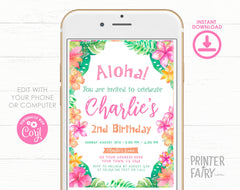Luau Birthday Invitation Editable Template for Any Age, Hawaiian Party Tropical Invite, INSTANT DOWNLOAD