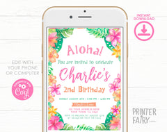 Luau Birthday Invitation Editable Template for Any Age, Hawaiian Party Tropical Invite, INSTANT DOWNLOAD