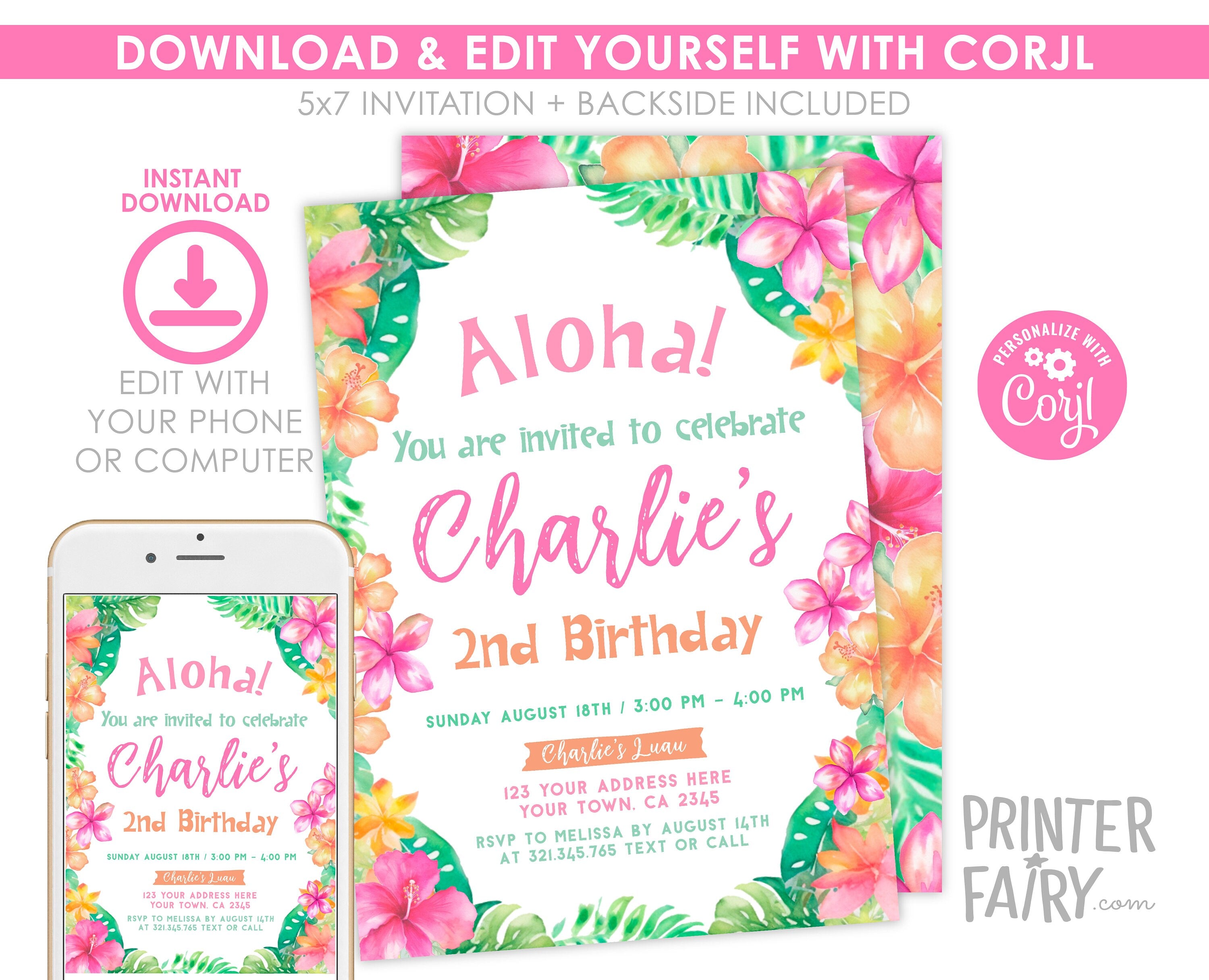 Luau Birthday Invitation Editable Template for Any Age, Hawaiian Party Tropical Invite, INSTANT DOWNLOAD