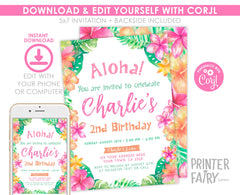 Luau Birthday Invitation Editable Template for Any Age, Hawaiian Party Tropical Invite, INSTANT DOWNLOAD