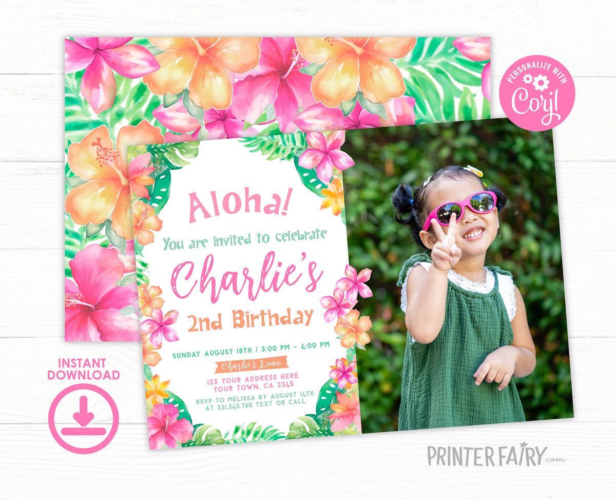 Luau 2nd Birthday Photo Invitation, Editable Hawaiian Theme (Digital)