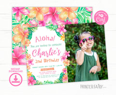 Luau 2nd Birthday Photo Invitation, Editable Hawaiian Theme (Digital)