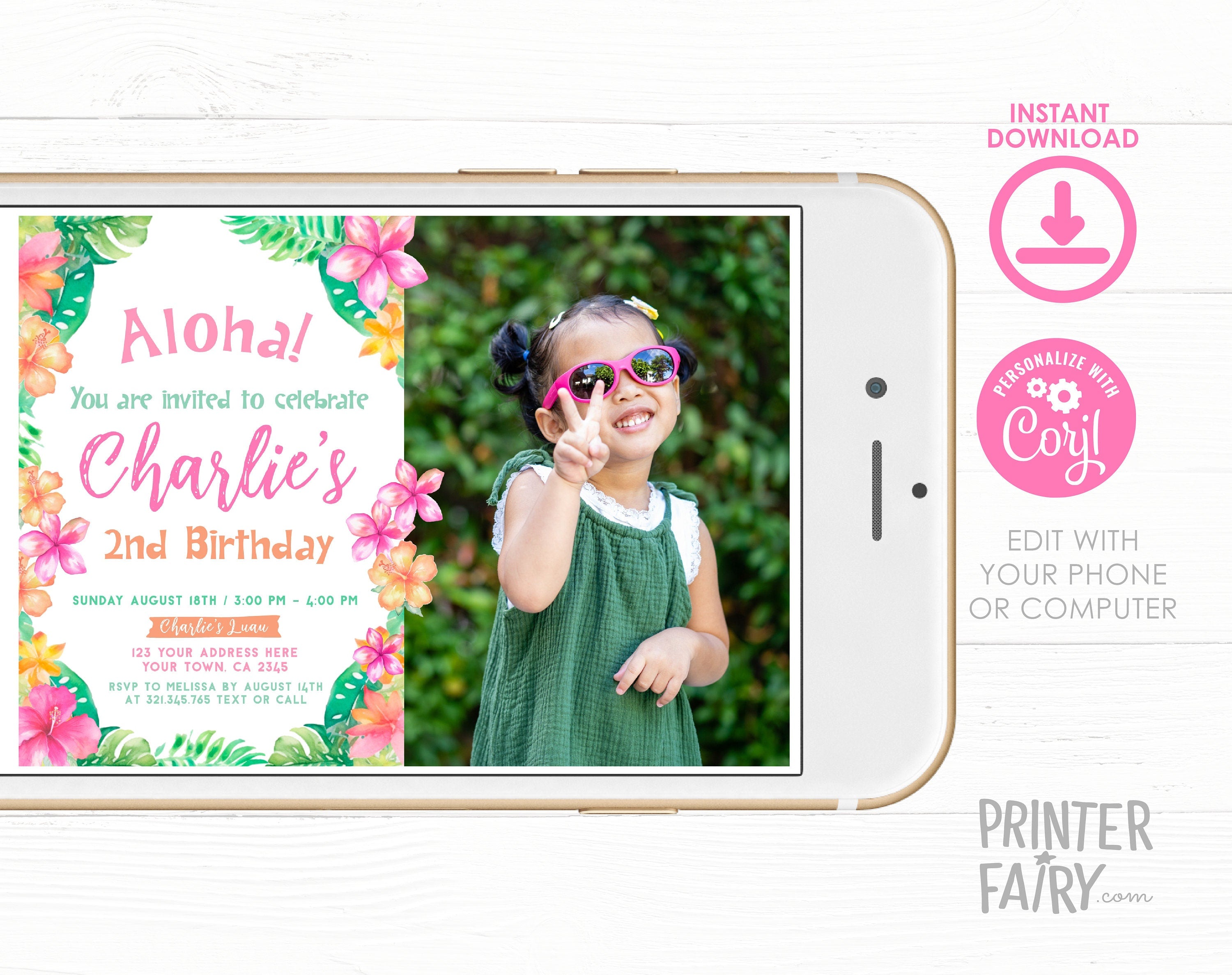 Luau 2nd Birthday Photo Invitation, Editable Hawaiian Theme (Digital)