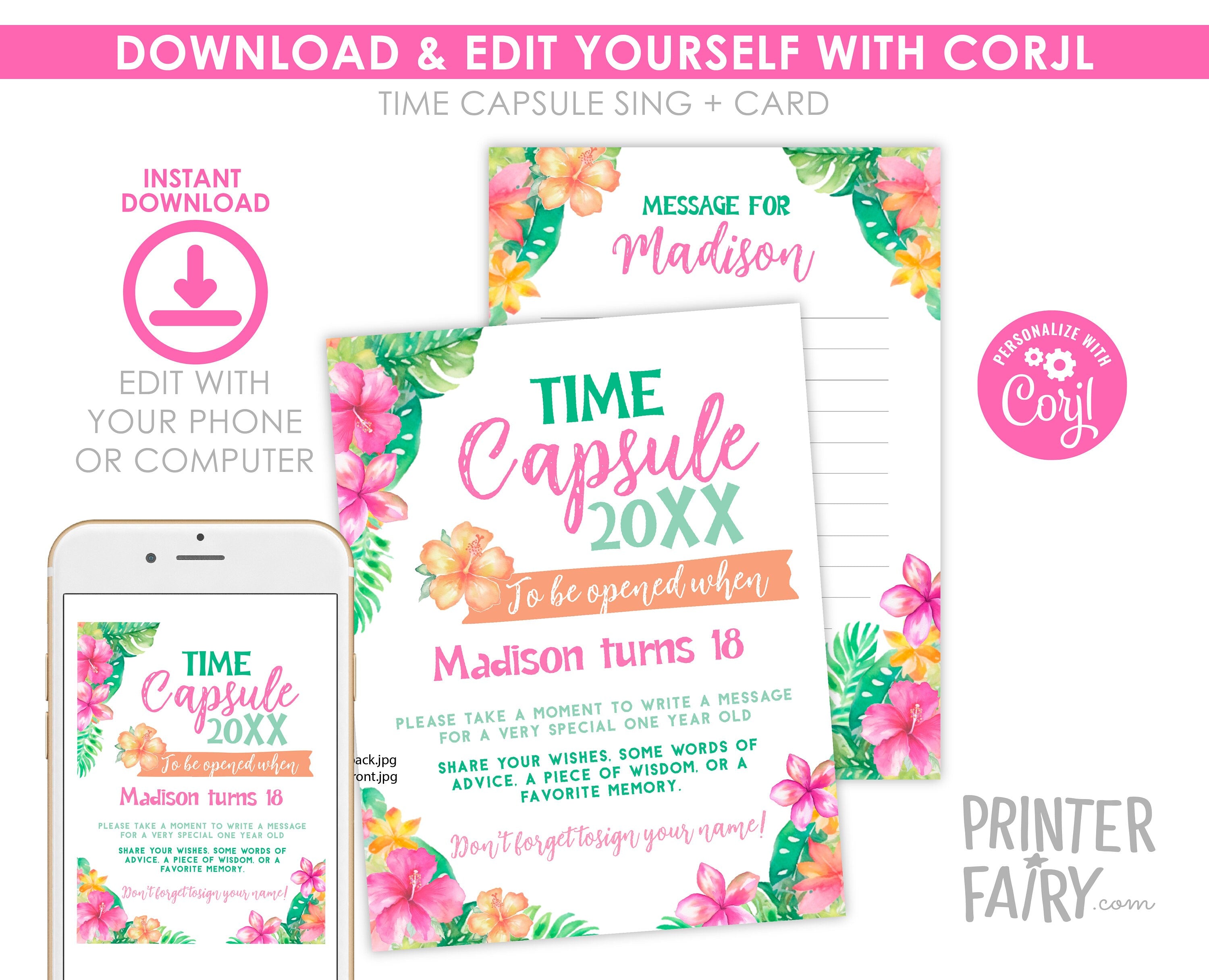 Luau Birthday Time Capsule Sign, Tropical First Birthday Message (Editable Template)
