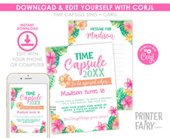 Luau Birthday Time Capsule Sign, Tropical First Birthday Message (Editable Template)