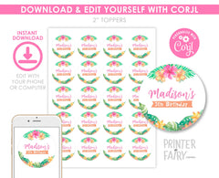 Luau Party Toppers or Round Labels Editable Template, Personalize for any Occassion, INSTANT DOWNLOAD